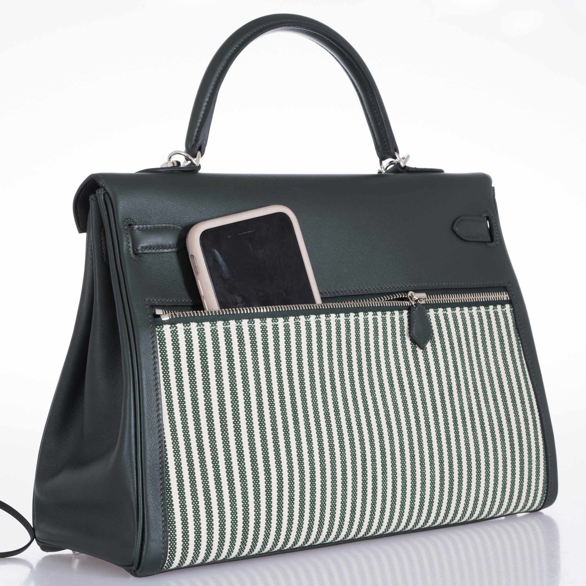 Hermès Kelly 35 Lakis Vert Anglais Swift Toile Riga Palladium Hardware