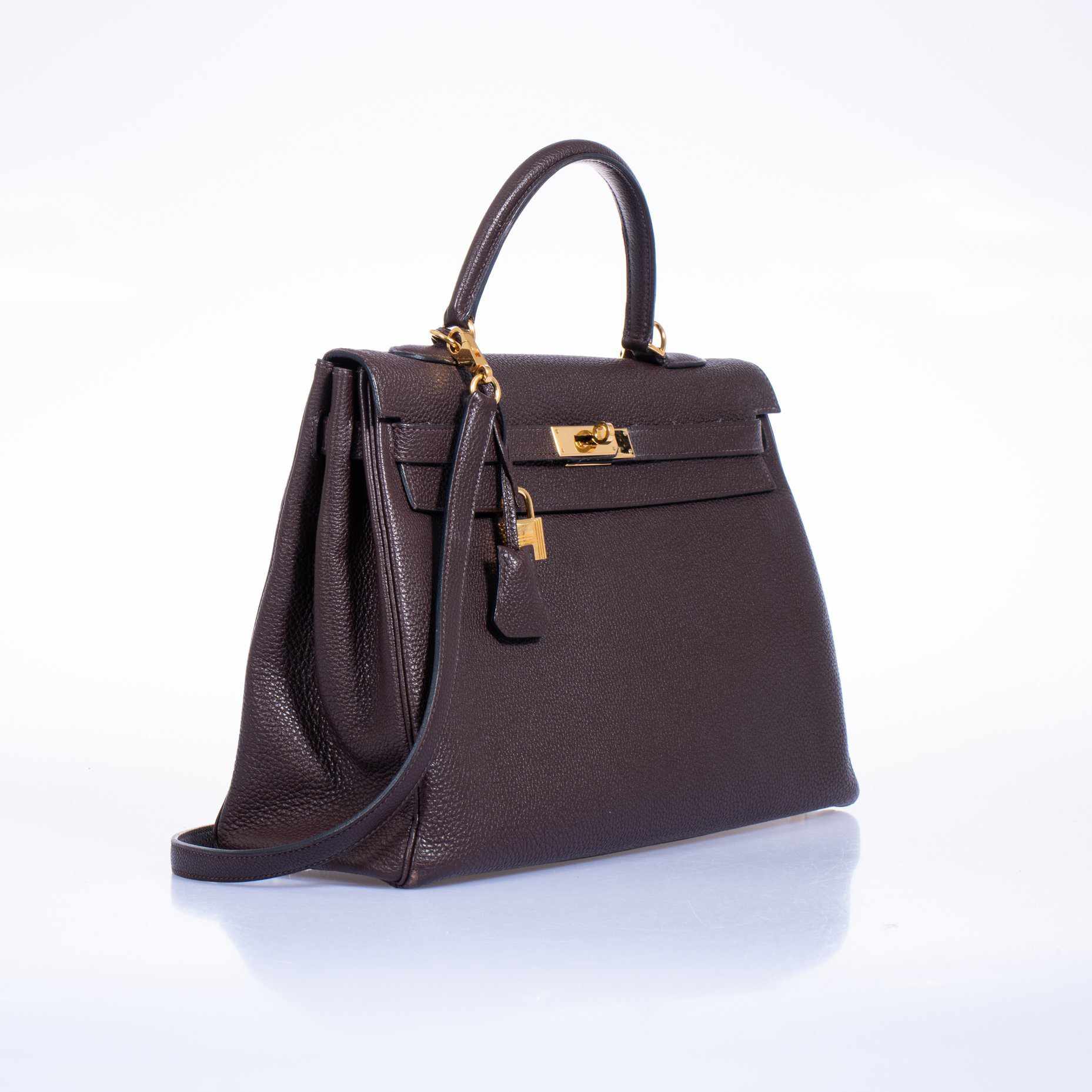 Hermès Kelly 35 Retourne Chocolat Clemence Gold Hardware