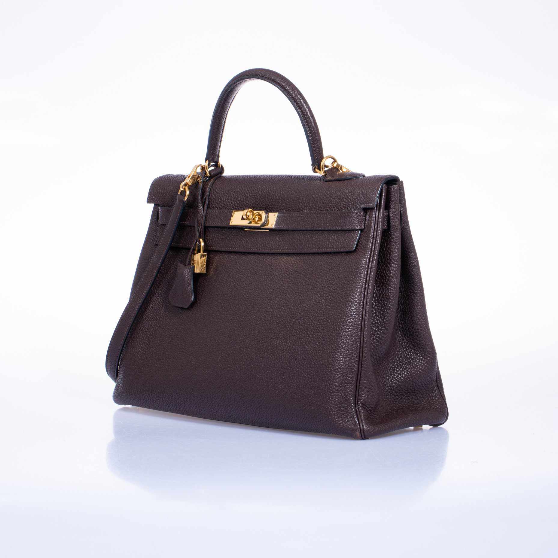 Hermès Kelly 35 Retourne Chocolat Clemence Gold Hardware