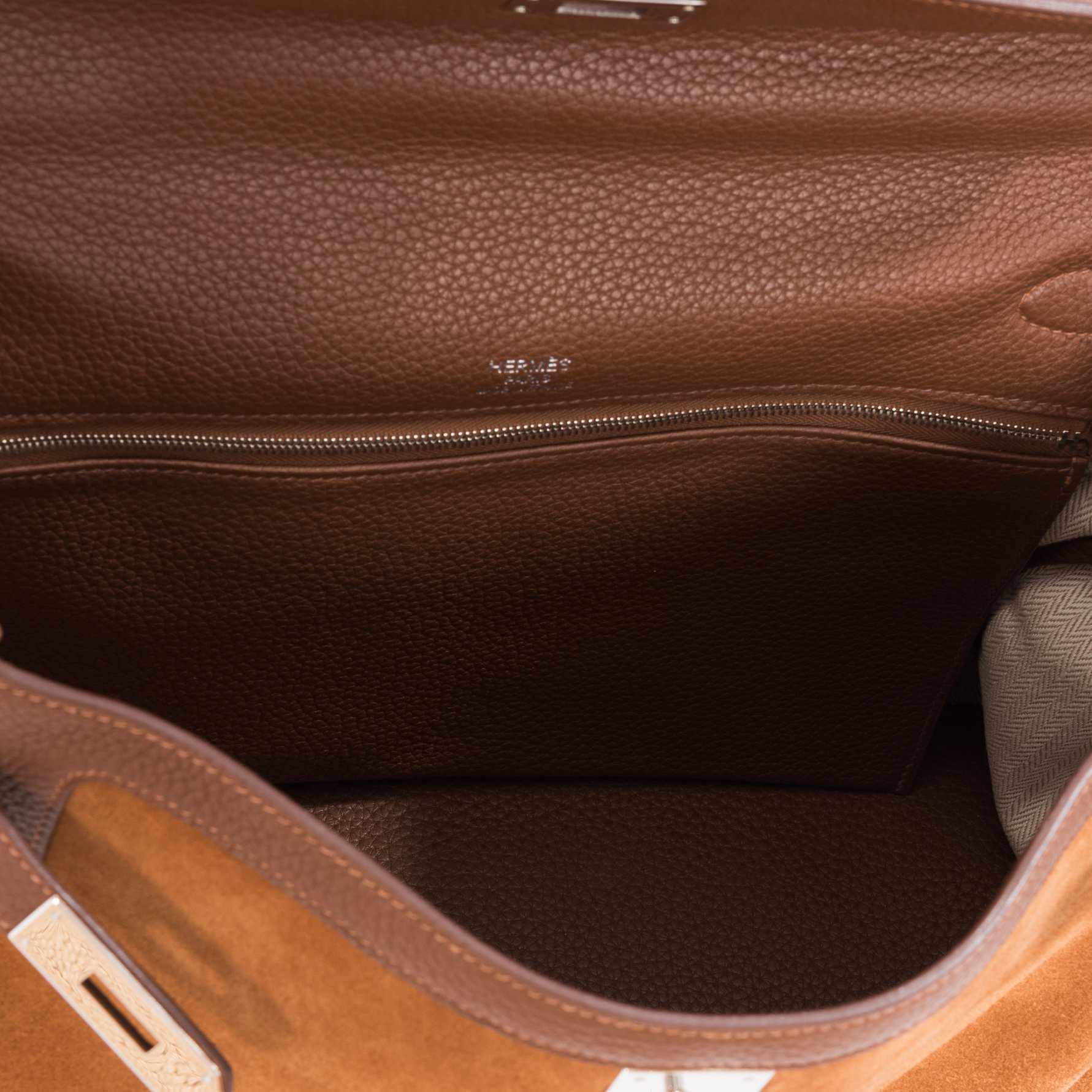 Hermès Kelly 35 Retourne Grizzly Fauve Veau Doblis and Gold Togo Palladium Hardware