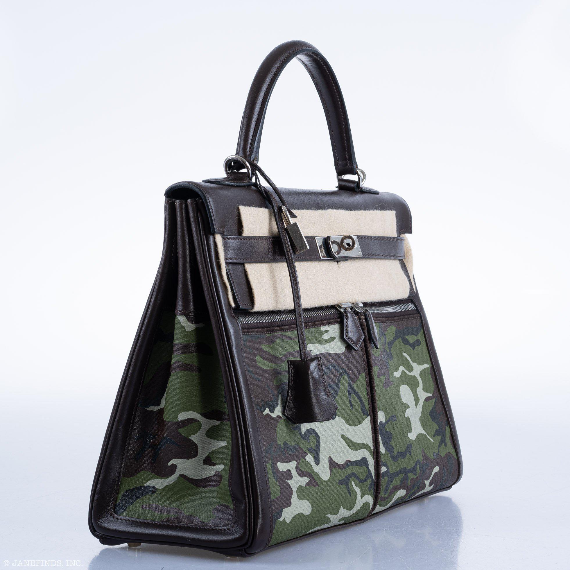 Hermès Kelly 35 Retourne Lakis Noir Box Calf Custom Camouflage Toile Palladium Hardware