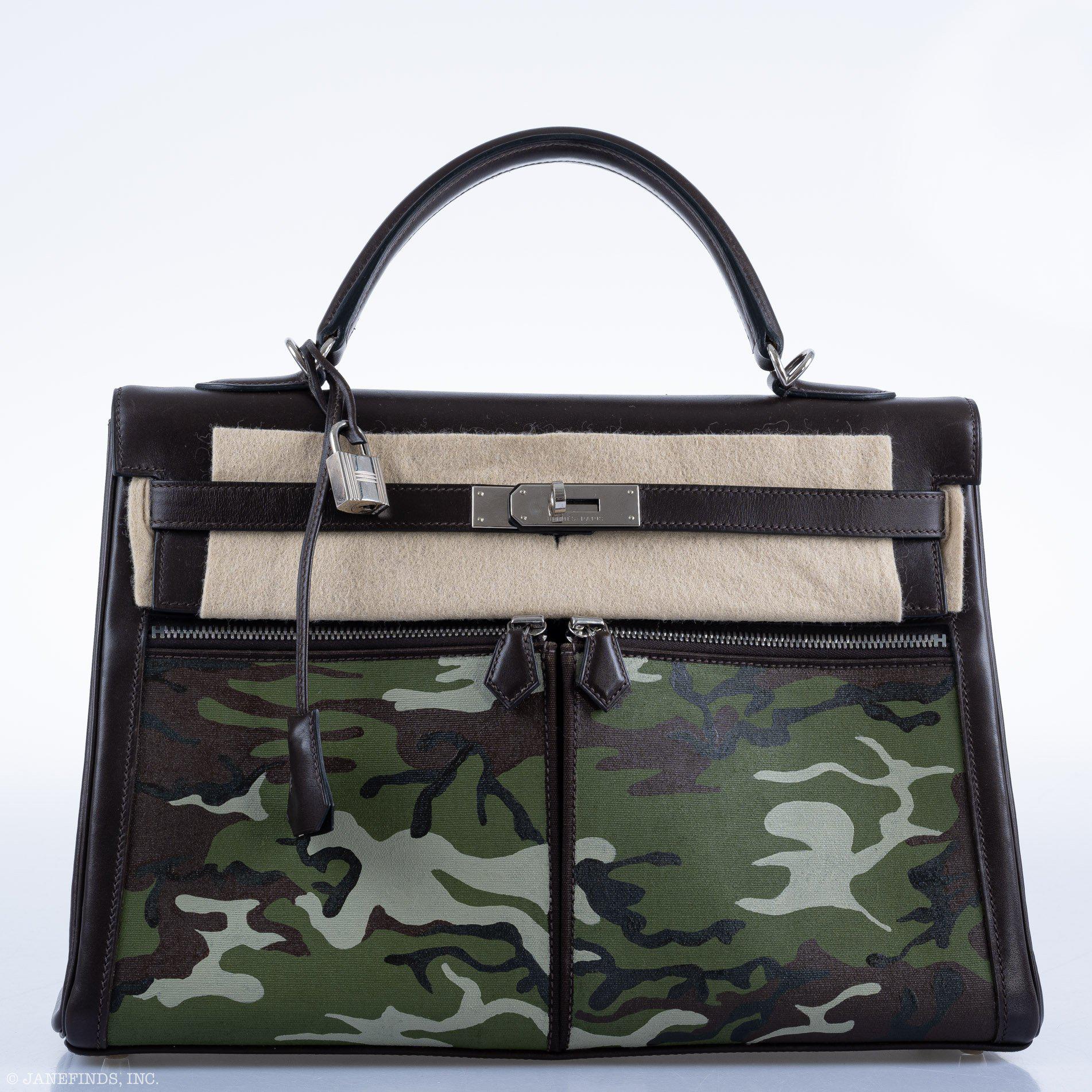 Hermès Kelly 35 Retourne Lakis Noir Box Calf Custom Camouflage Toile Palladium Hardware
