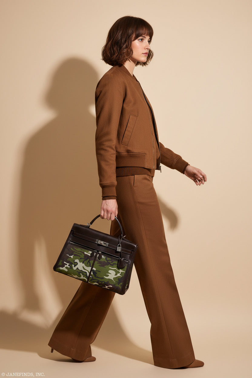 Hermès Kelly 35 Retourne Lakis Noir Box Calf Custom Camouflage Toile Palladium Hardware