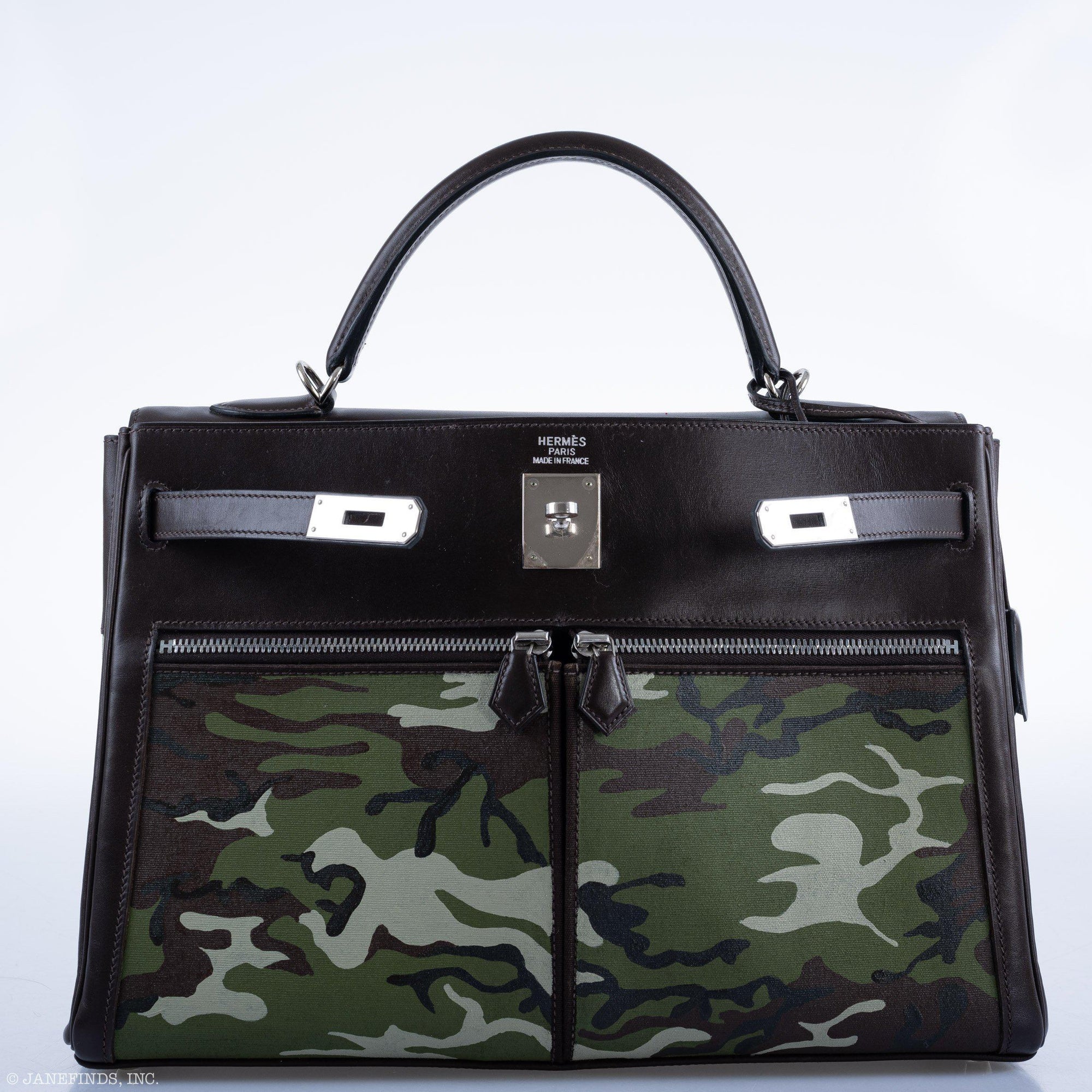 Hermès Kelly 35 Retourne Lakis Noir Box Calf Custom Camouflage Toile Palladium Hardware