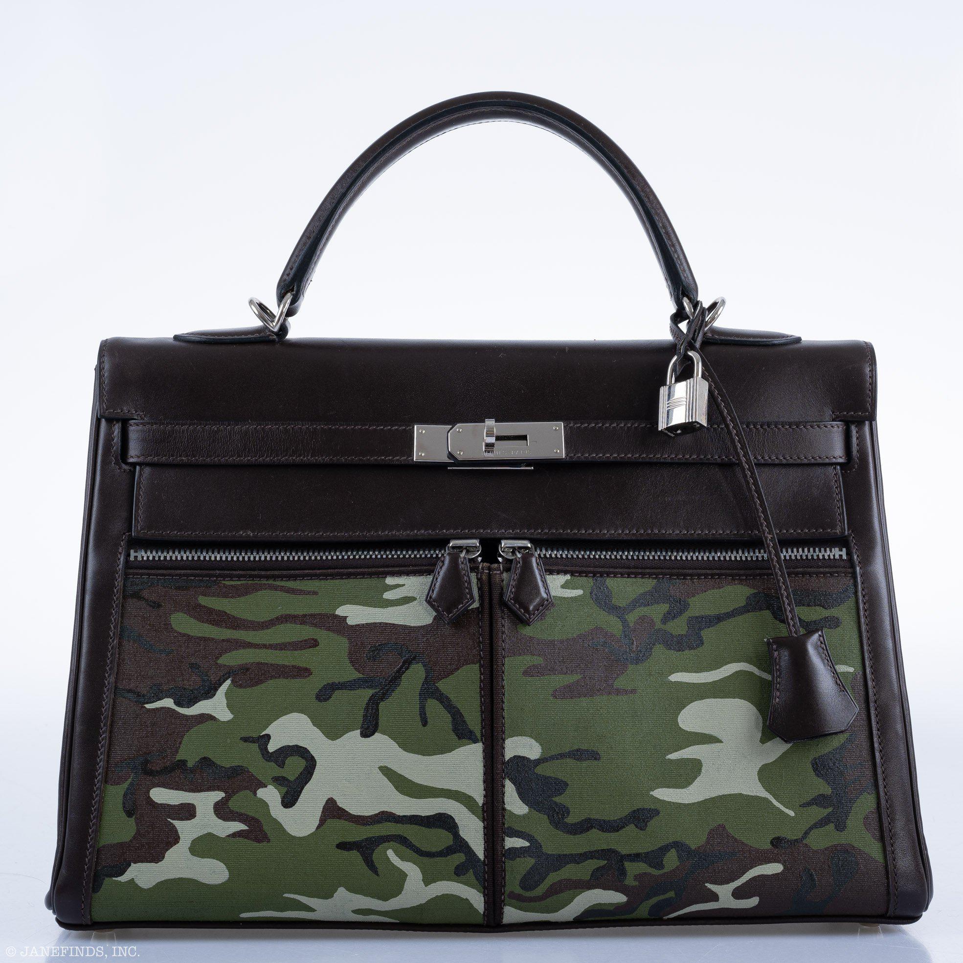 Hermès Kelly 35 Retourne Lakis Noir Box Calf Custom Camouflage Toile Palladium Hardware
