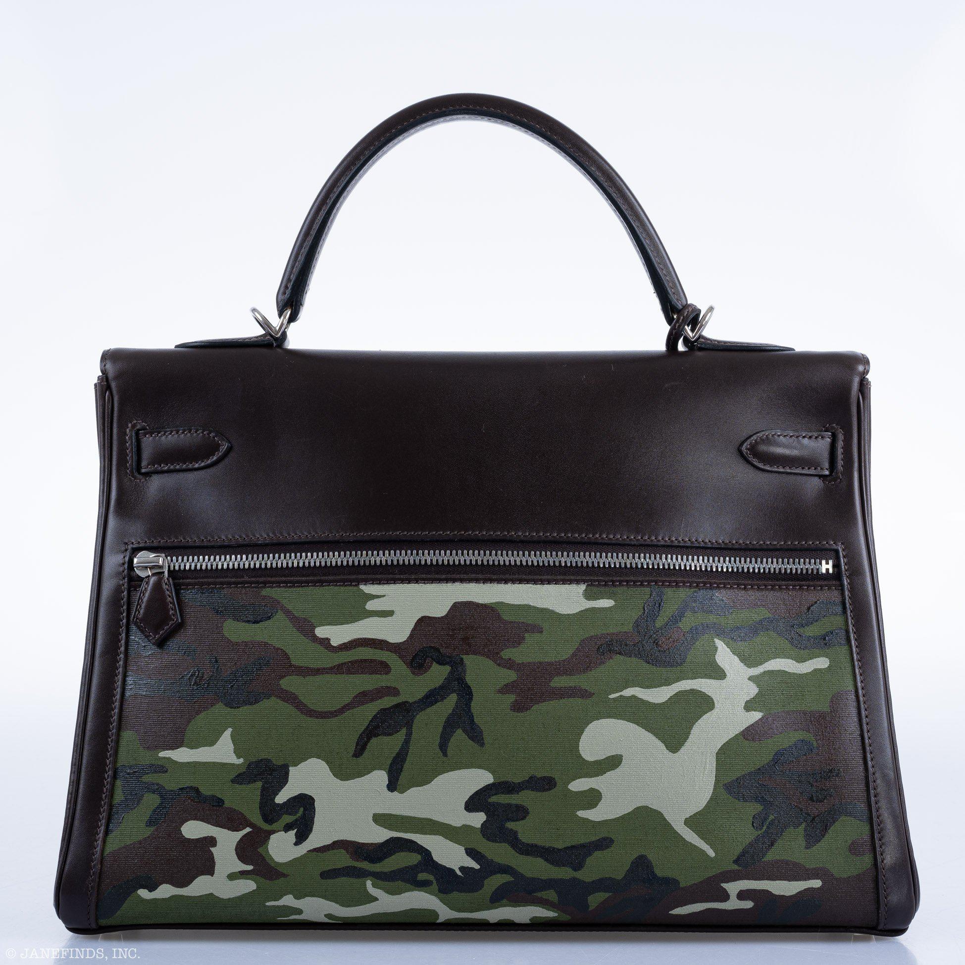 Hermès Kelly 35 Retourne Lakis Noir Box Calf Custom Camouflage Toile Palladium Hardware
