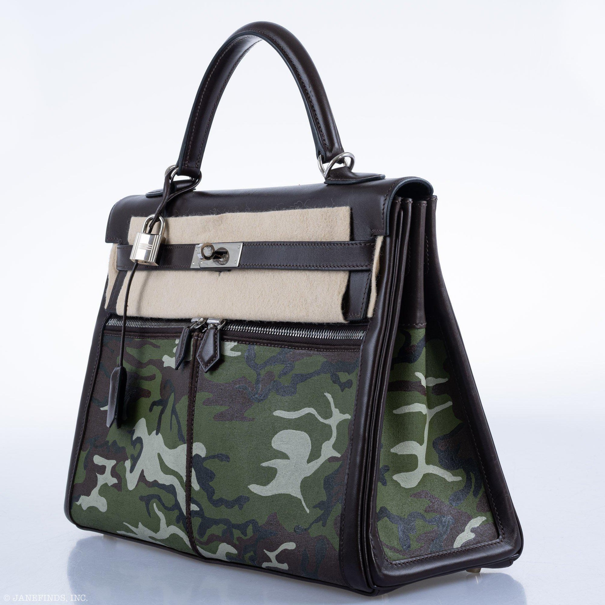 Hermès Kelly 35 Retourne Lakis Noir Box Calf Custom Camouflage Toile Palladium Hardware
