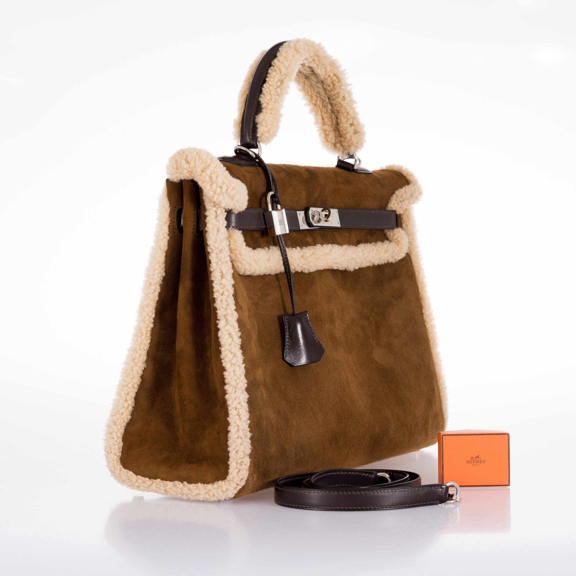 Hermès Kelly 35 Retourne Shearling/Ébène Barenia Palladium Hardware