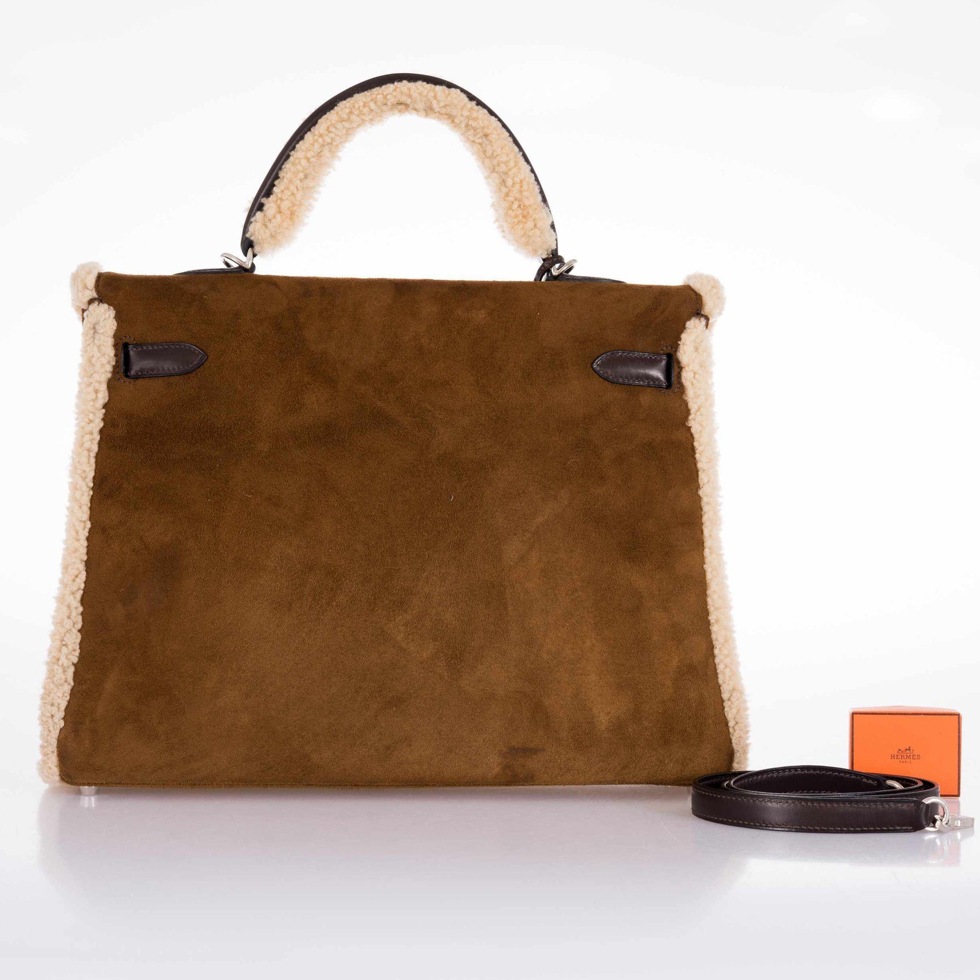 Hermès Kelly 35 Retourne Shearling/Ébène Barenia Palladium Hardware