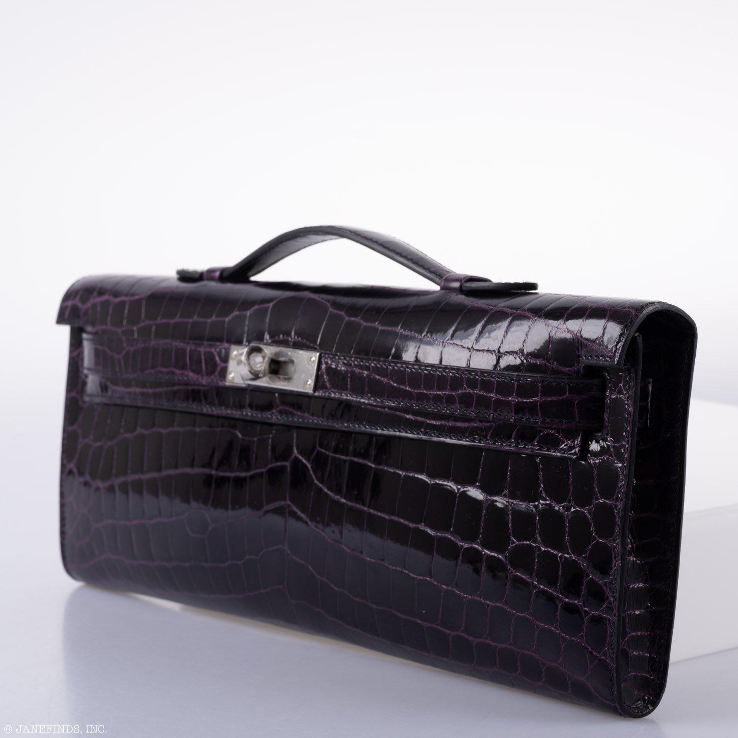 Hermès Kelly Cut Aubergine Shiny Niloticus Crocodile Palladium Hardware