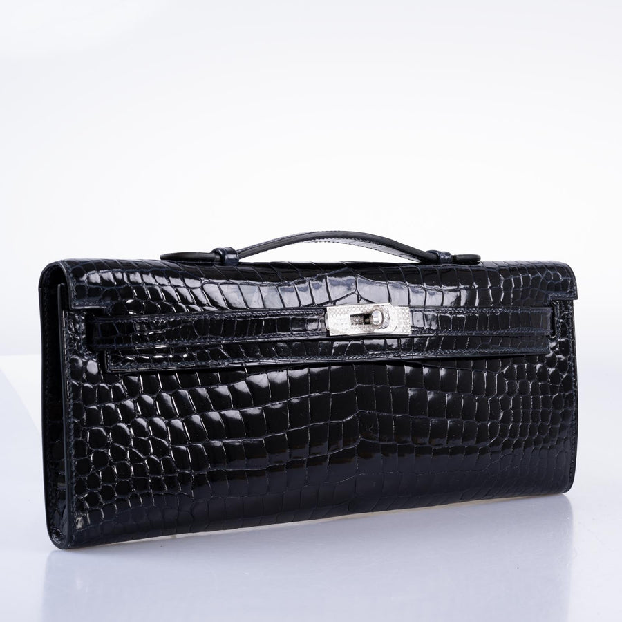 Hermès Kelly Cut Blue Marine Porosus Crocodile with Diamond and White Gold Hardware