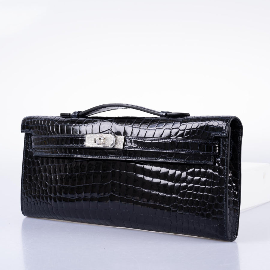 Hermès Kelly Cut Blue Marine Porosus Crocodile with Diamond and White Gold Hardware