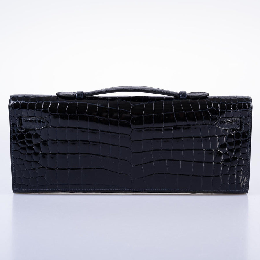 Hermès Kelly Cut Blue Marine Porosus Crocodile with Diamond and White Gold Hardware