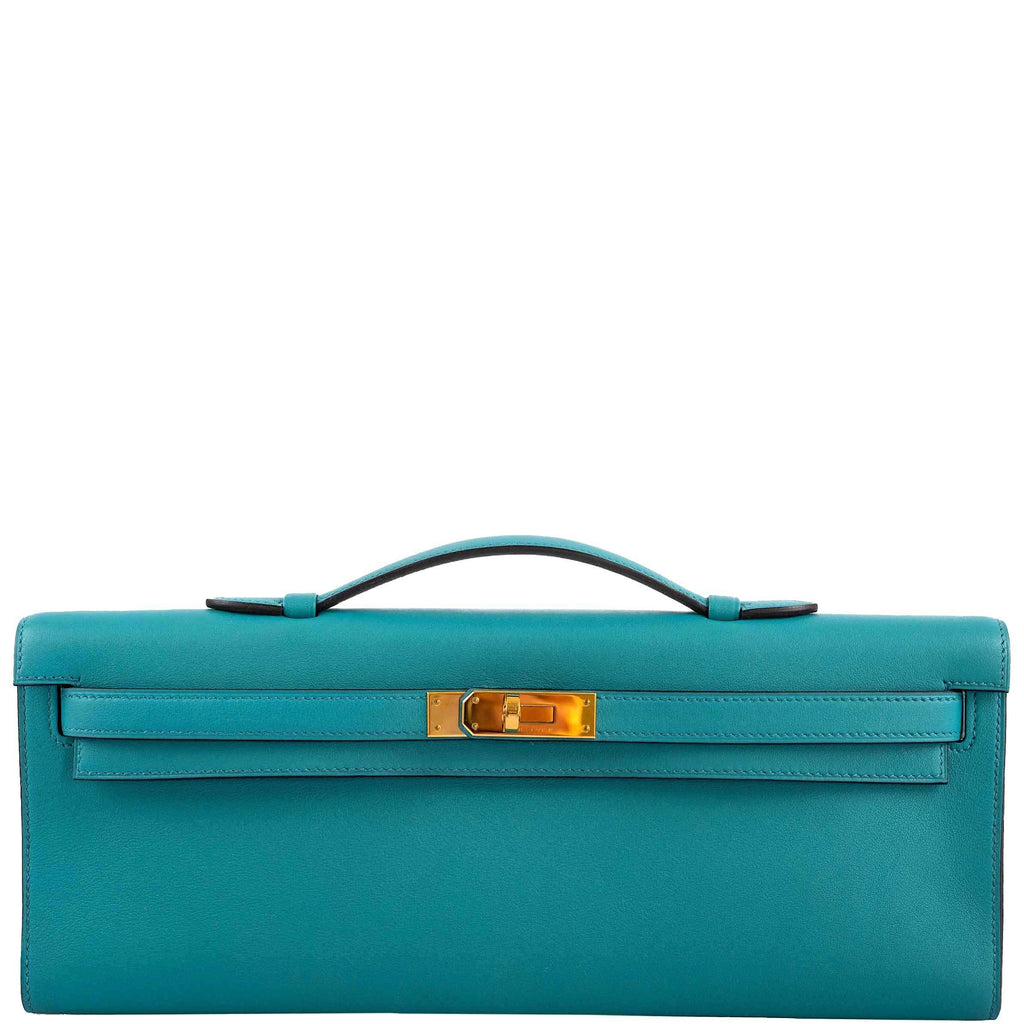 Hermes Blue Paon Swift Leather Kelly Cut Clutch Bag with Gold