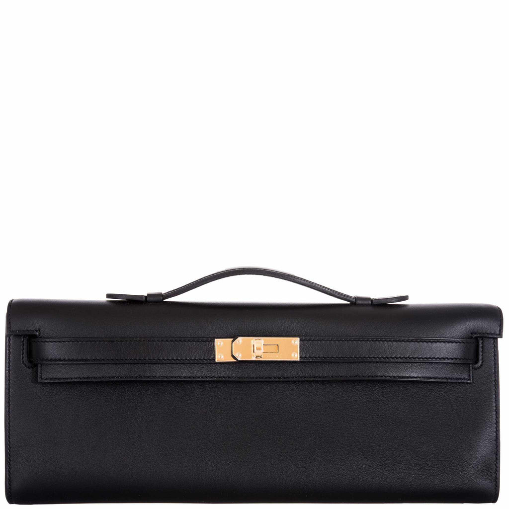 Hermes Kelly Pochette Bag Black Swift Clutch Gold Hardware