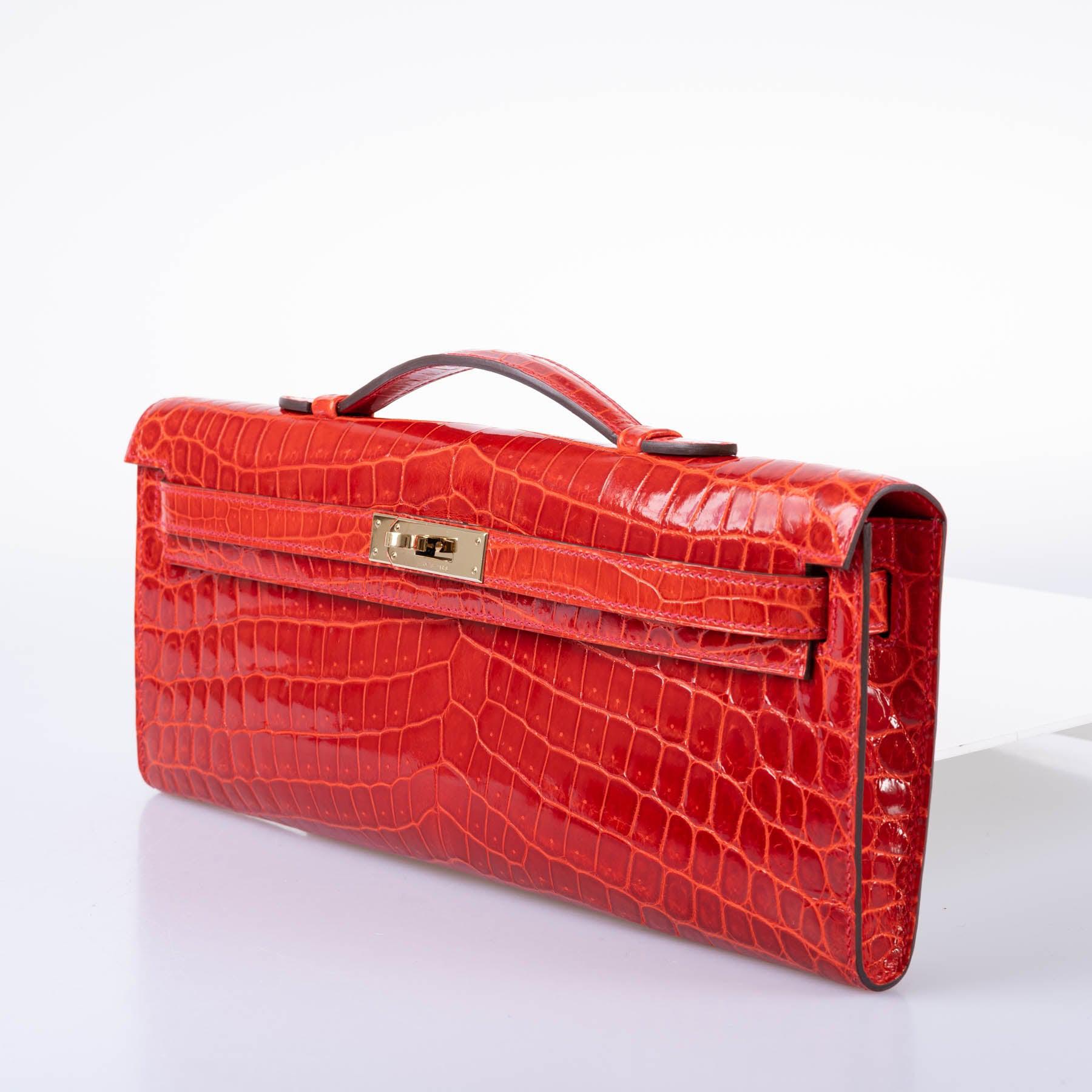 Hermès Kelly Cut Geranium Shiny Niloticus Crocodile Permabrass Hardware