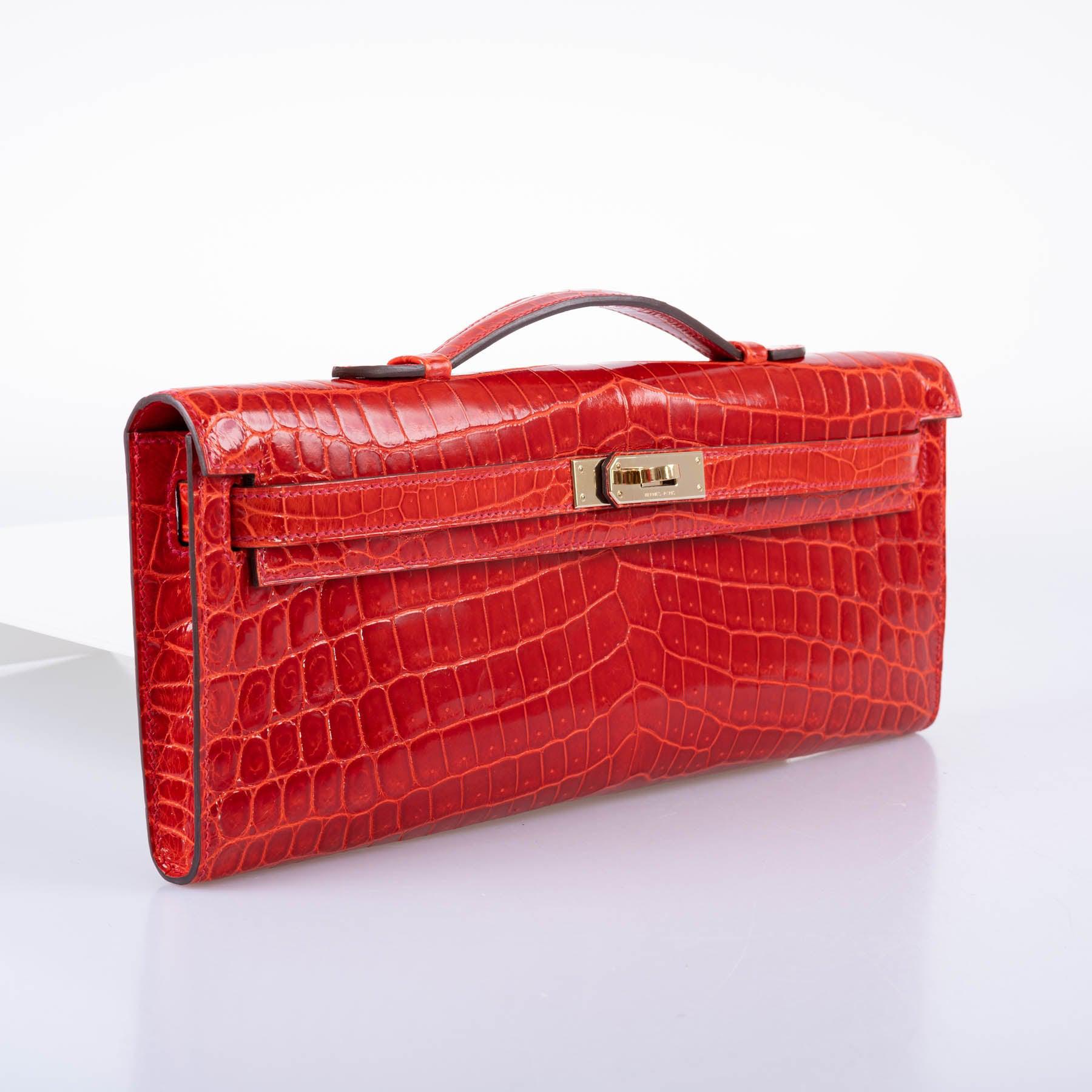Hermès Kelly Cut Geranium Shiny Niloticus Crocodile Permabrass Hardware