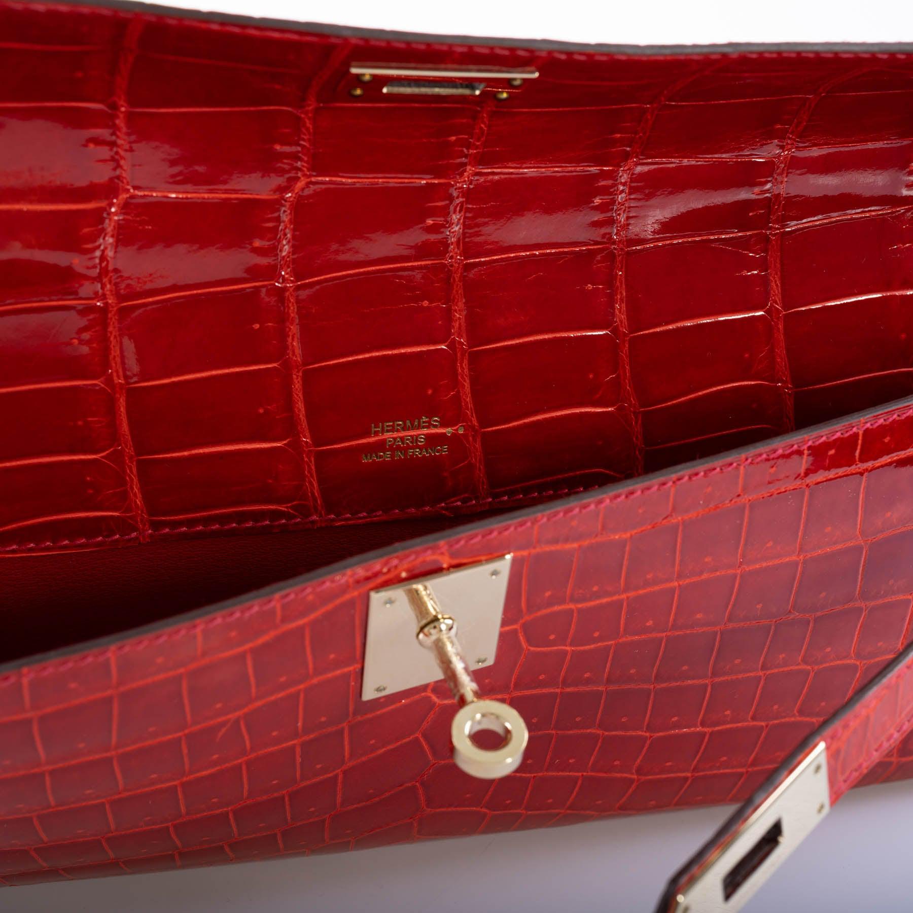 Hermès Kelly Cut Geranium Shiny Niloticus Crocodile Permabrass Hardware