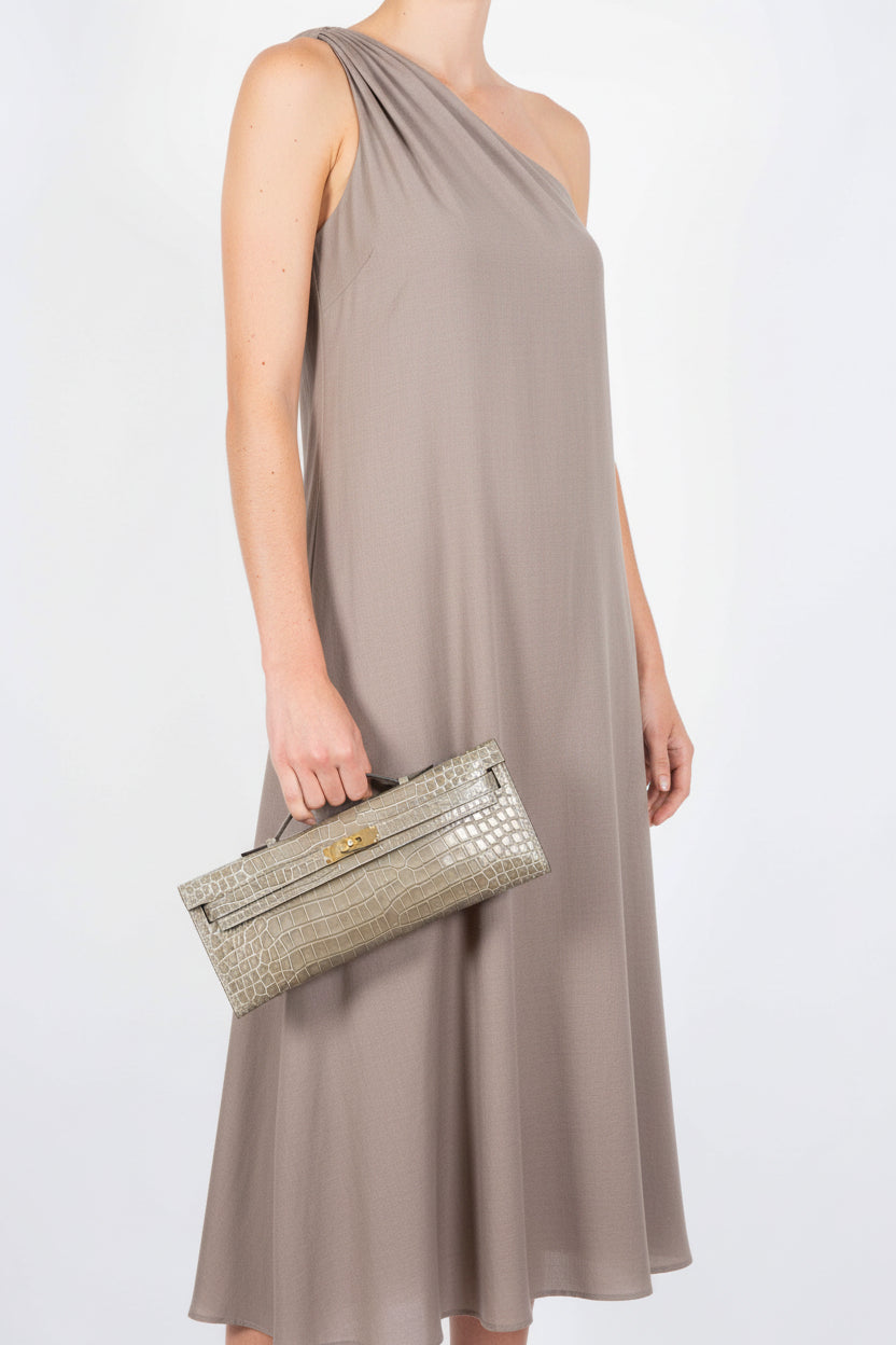 Hermès Kelly Cut Gris Tourterelle Porosus Crocodile Gold Hardware