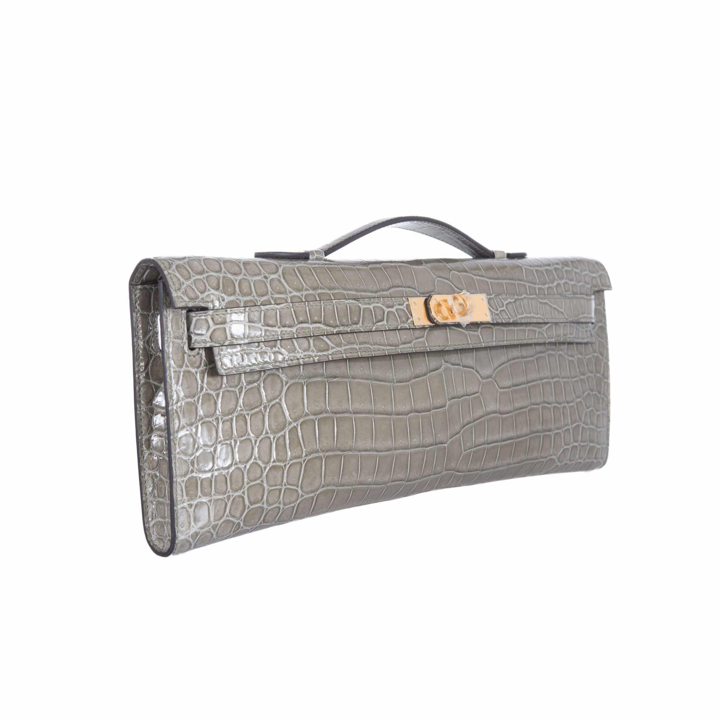 Hermès Kelly Cut Gris Tourterelle Porosus Crocodile Gold Hardware