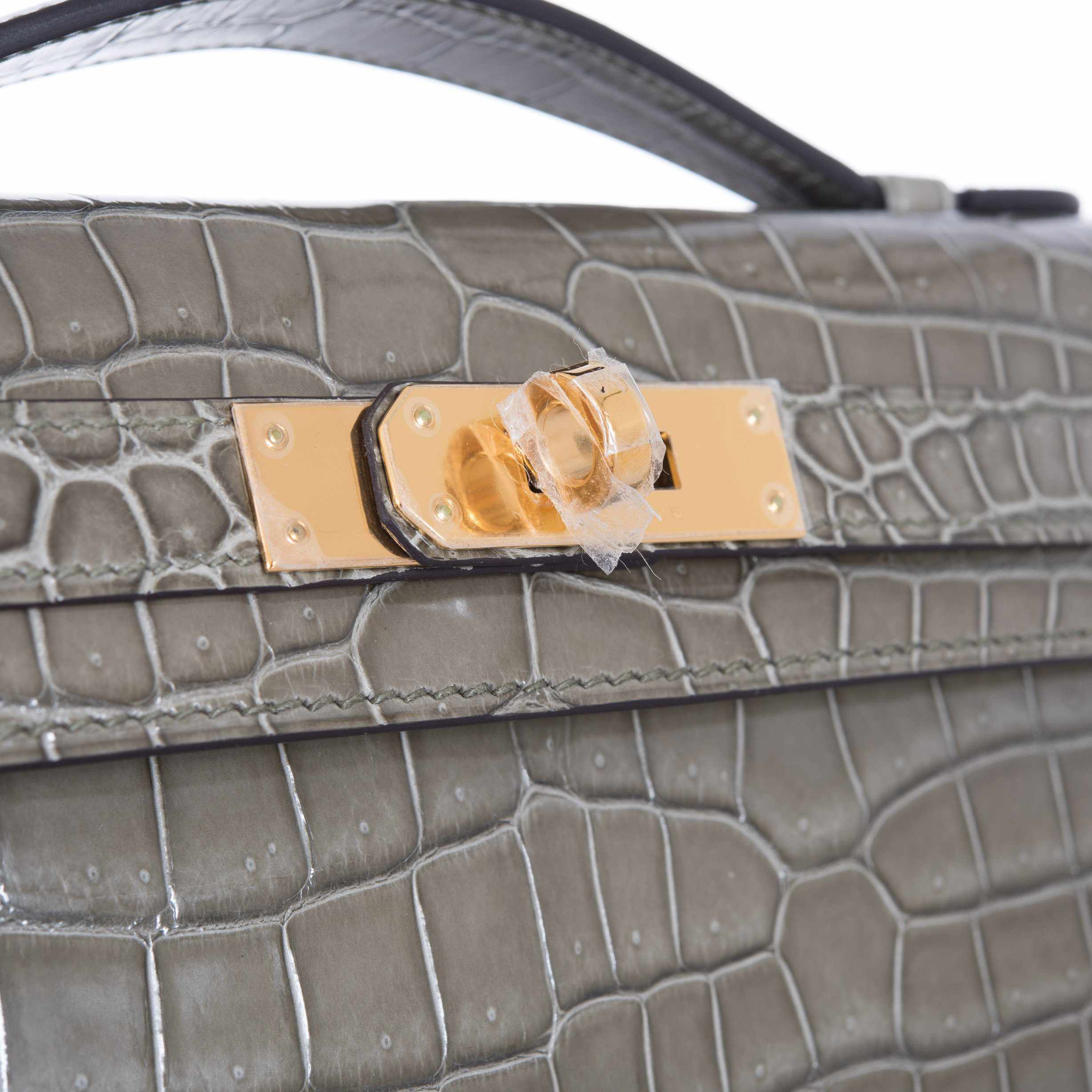 Hermès Kelly Cut Gris Tourterelle Porosus Crocodile Gold Hardware