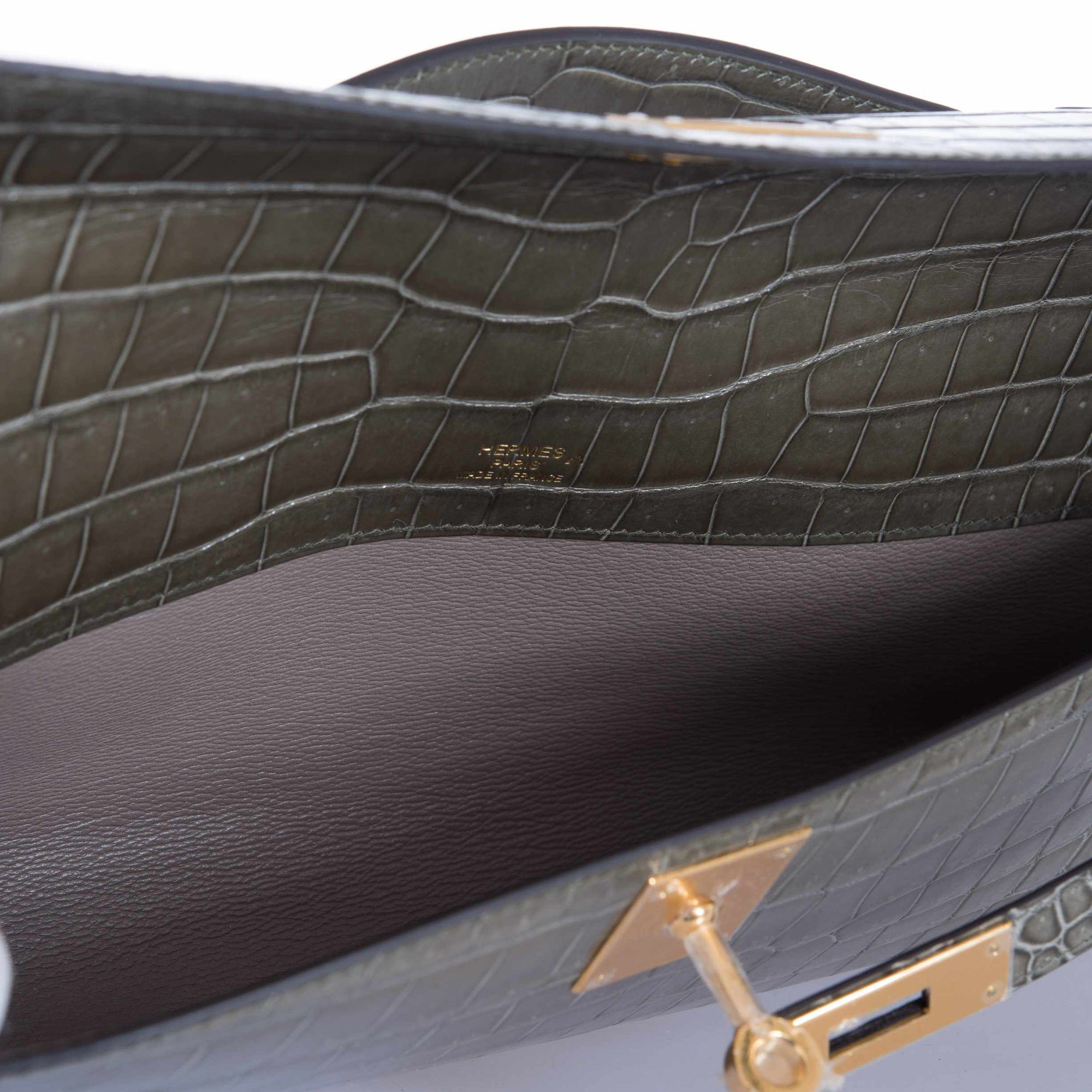 Hermès Kelly Cut Gris Tourterelle Porosus Crocodile Gold Hardware