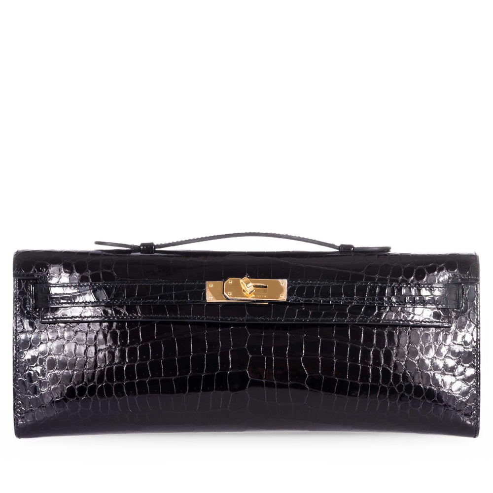 Hermès Kelly Cut Noir Shiny Porosus Crocodile Gold Hardware, front view, closed