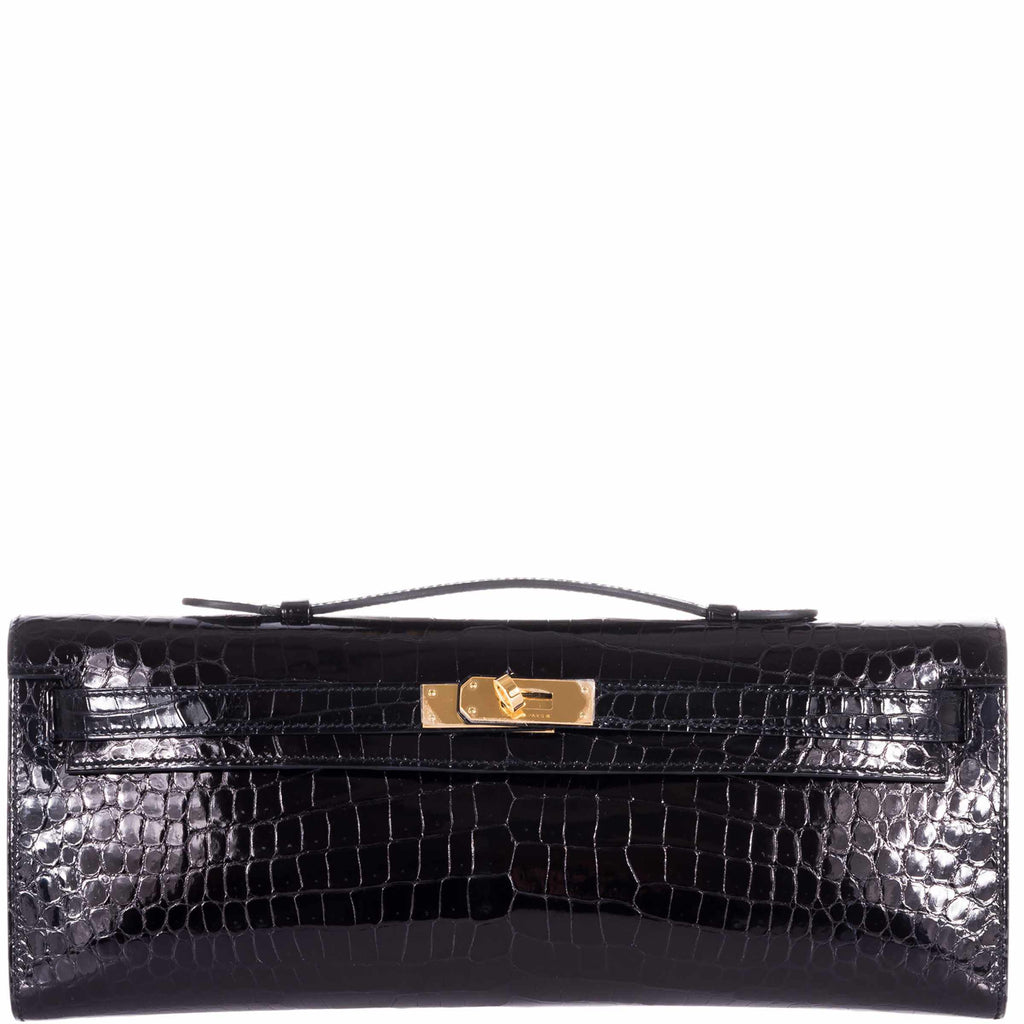 Hermes Shiny Black Porosus Crocodile Kelly Cut Clutch Bag with, Lot #58302