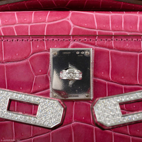 Hermès Kelly Cut Pochette Rose Tyrien Shiny Porosus Crocodile Diamonds & White Gold Hardware
