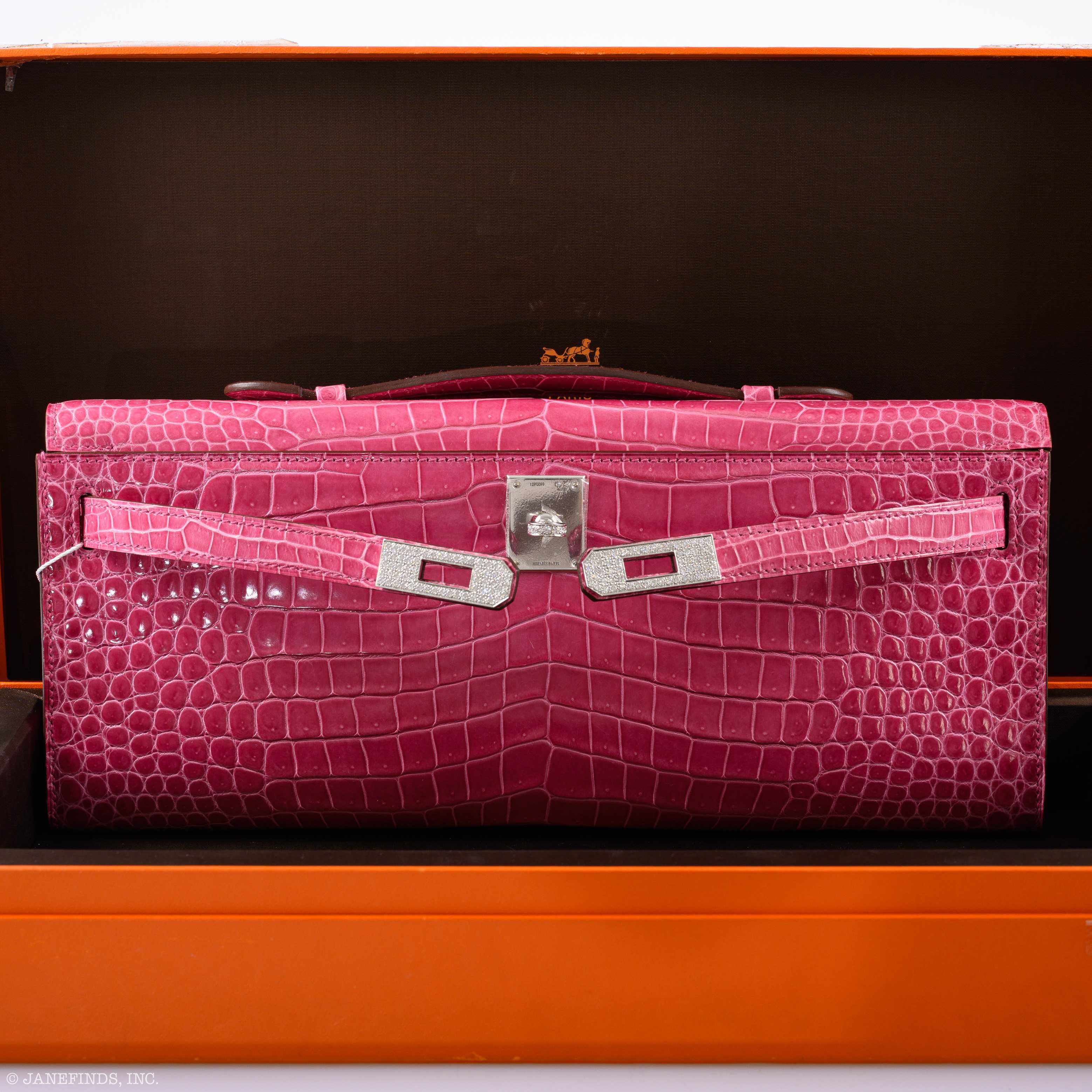 Hermès Kelly Cut Pochette Rose Tyrien Shiny Porosus Crocodile Diamonds & White Gold Hardware