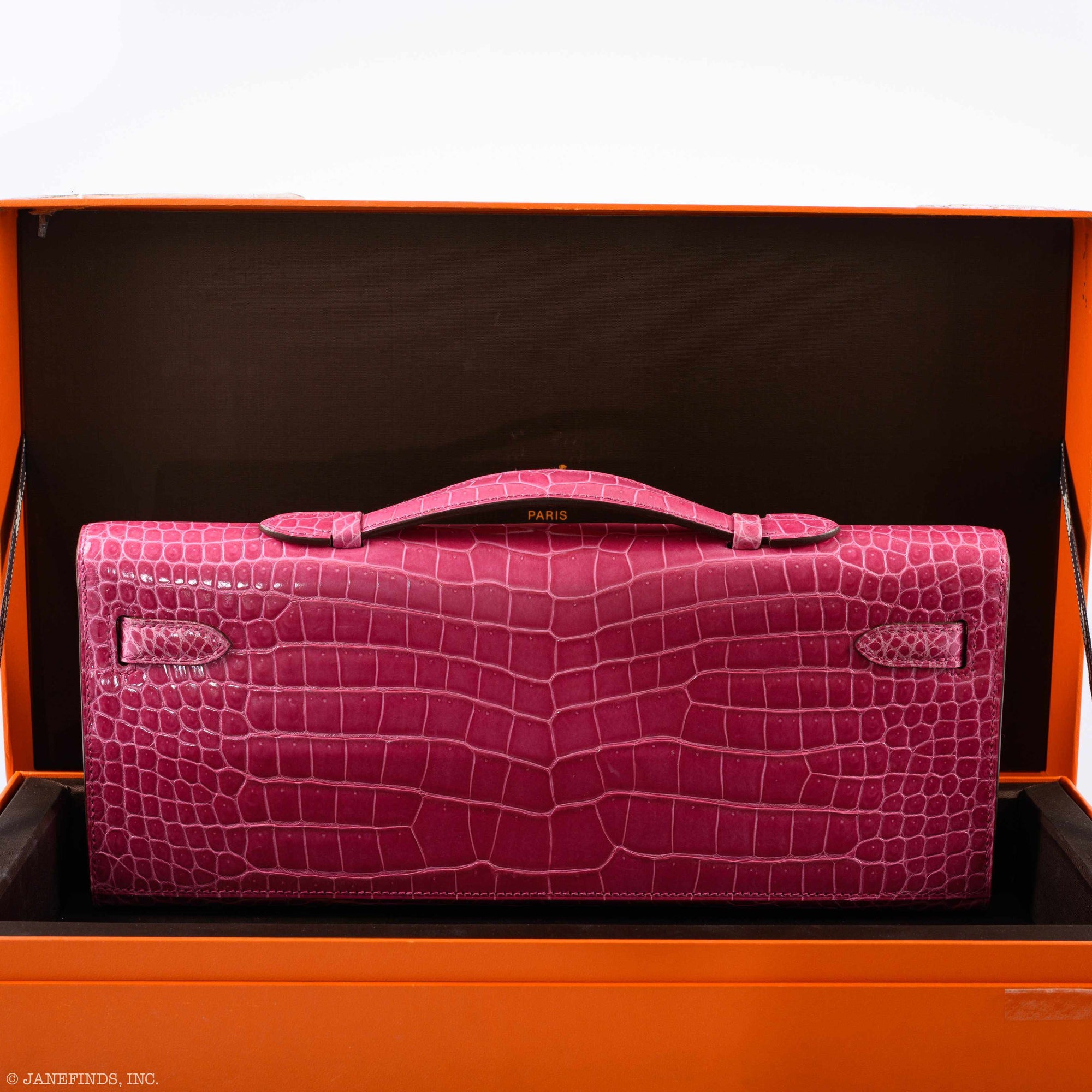 Hermès Kelly Cut Pochette Rose Tyrien Shiny Porosus Crocodile Diamonds & White Gold Hardware