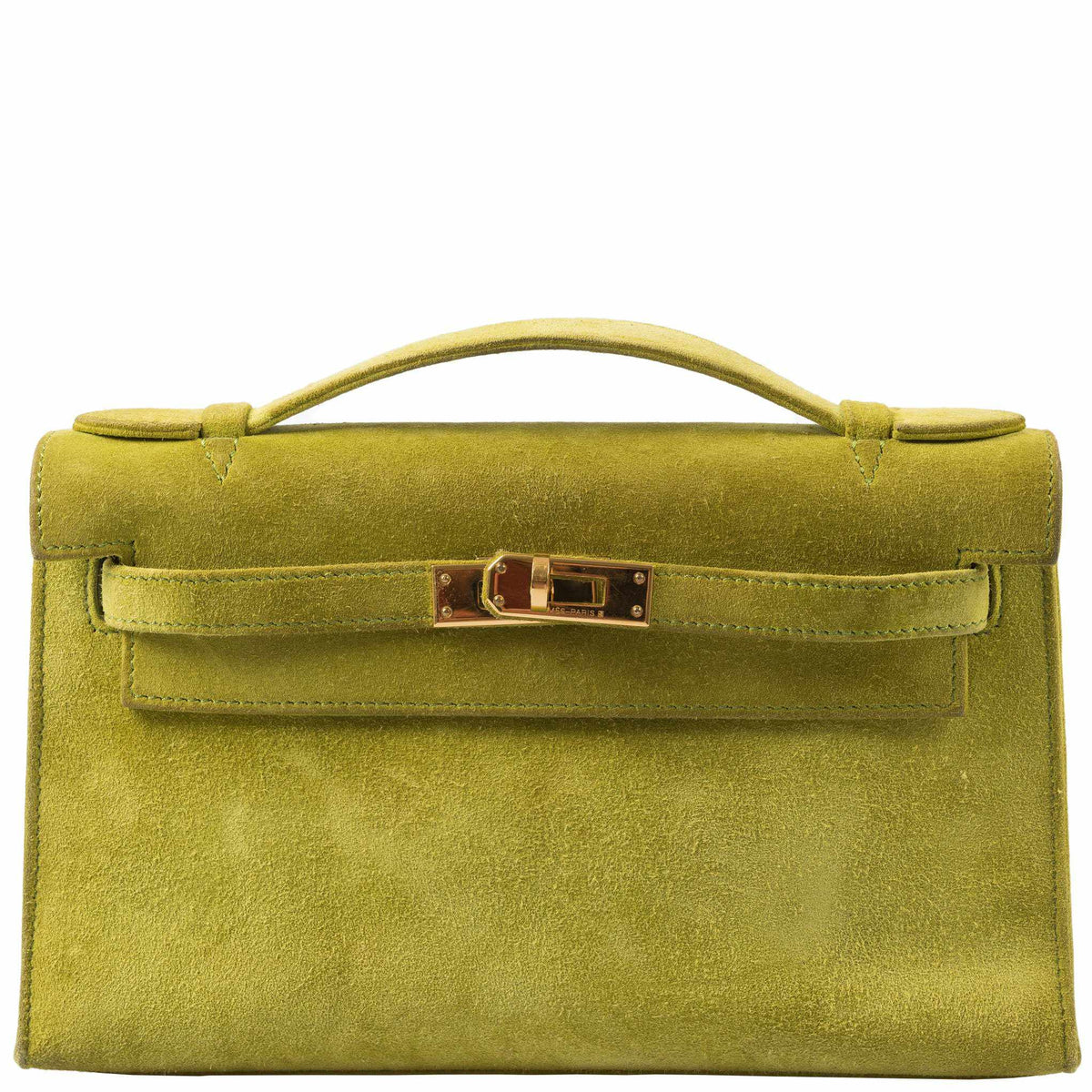 Kelly Pochette in Anis Green Doblis Suede with Silver hardware