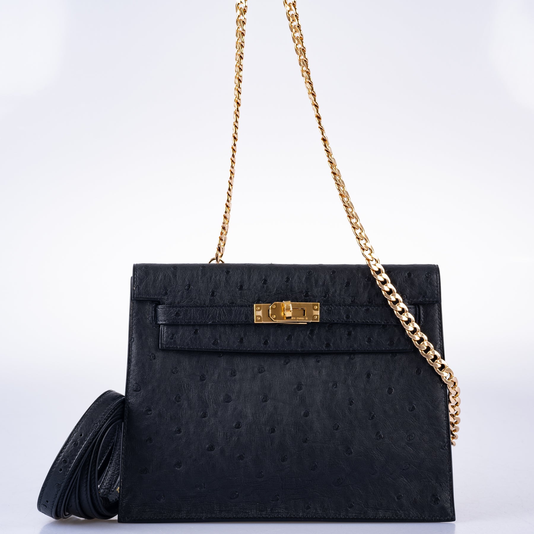 Hermès Kelly Danse II Black Ostrich with Gold Hardware