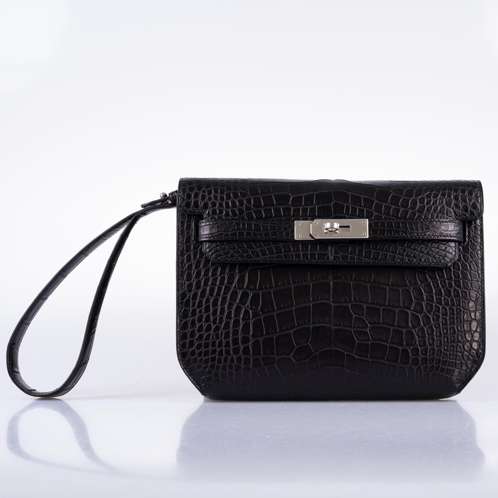 Hermès Kelly Depeches 25 Pochette Black Matte Alligator Palladium Hardware