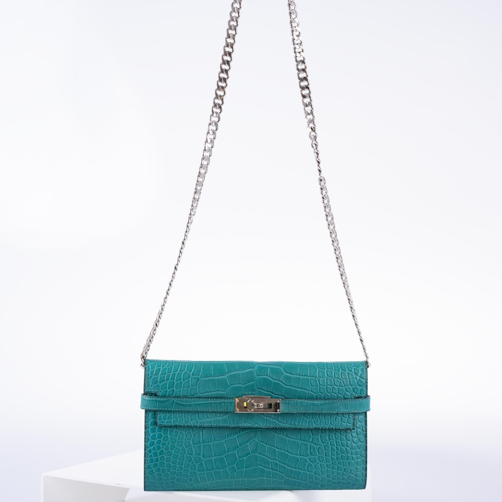 Hermès Kelly Longue Wallet Bleu Paon Matte Alligator Palladium Hardware