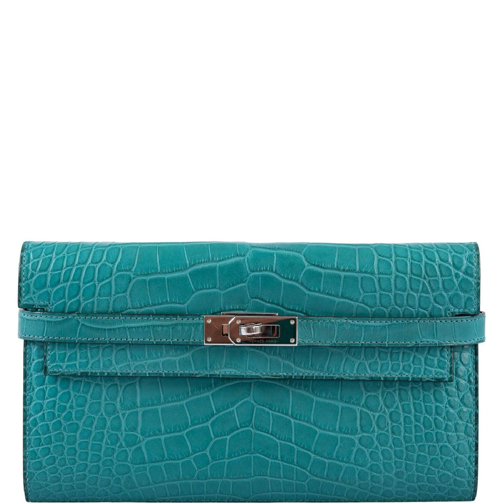 Hermès Kelly Longue Wallet Bleu Paon Matte Alligator Palladium Hardware