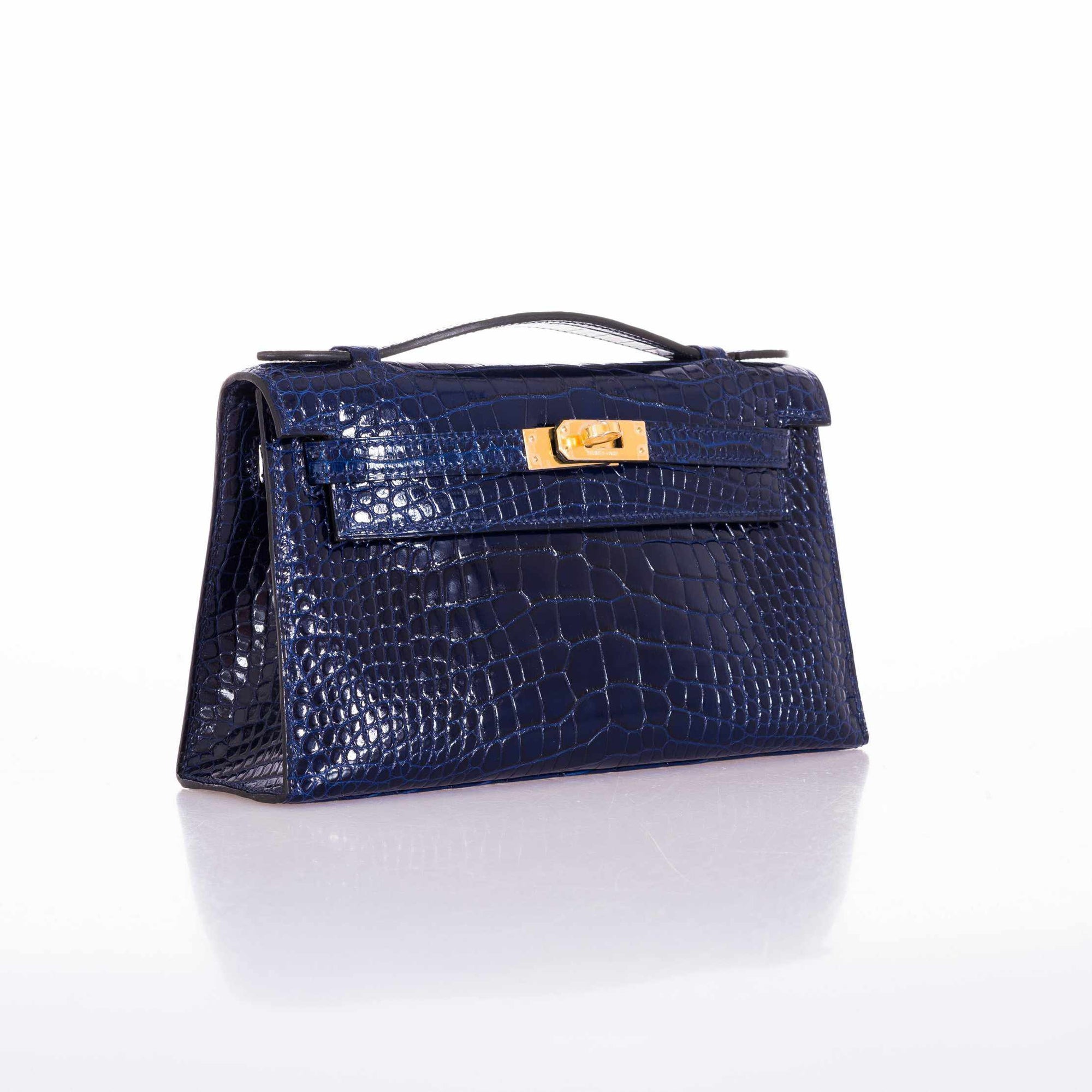 Hermès Kelly Pochette Bleu Saphir Shiny Alligator Gold Hardware