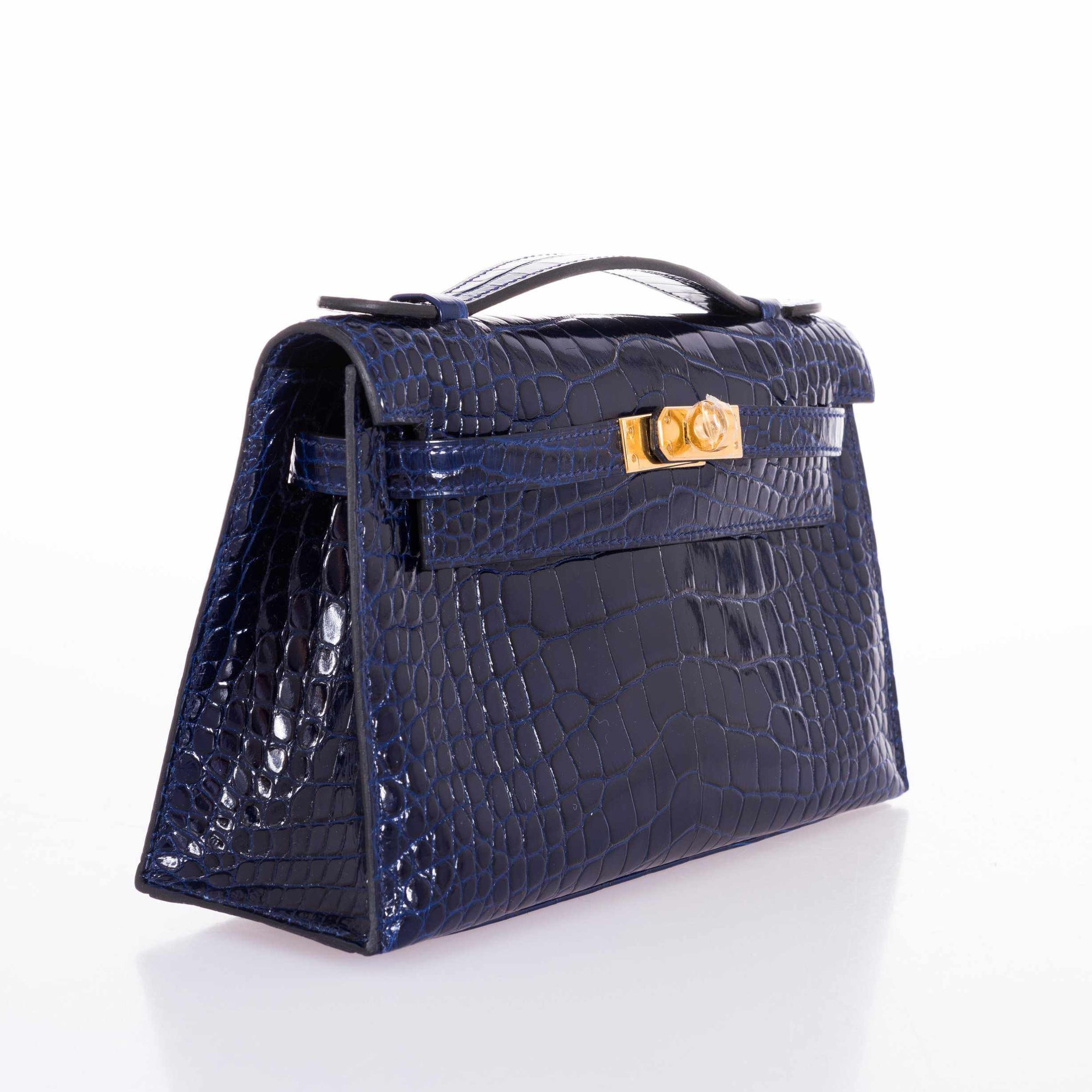 Hermès Kelly Pochette Bleu Saphir Shiny Alligator Gold Hardware