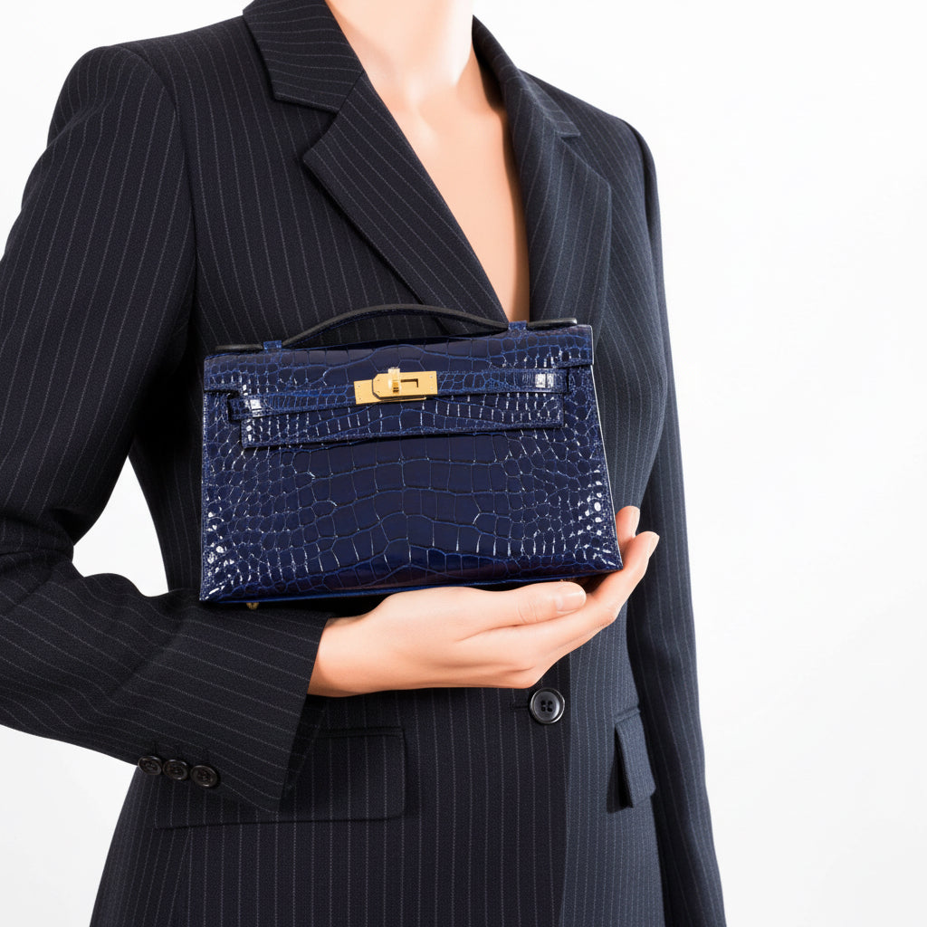 Hermès Kelly Pochette Bleu Saphir Shiny Alligator Gold Hardware