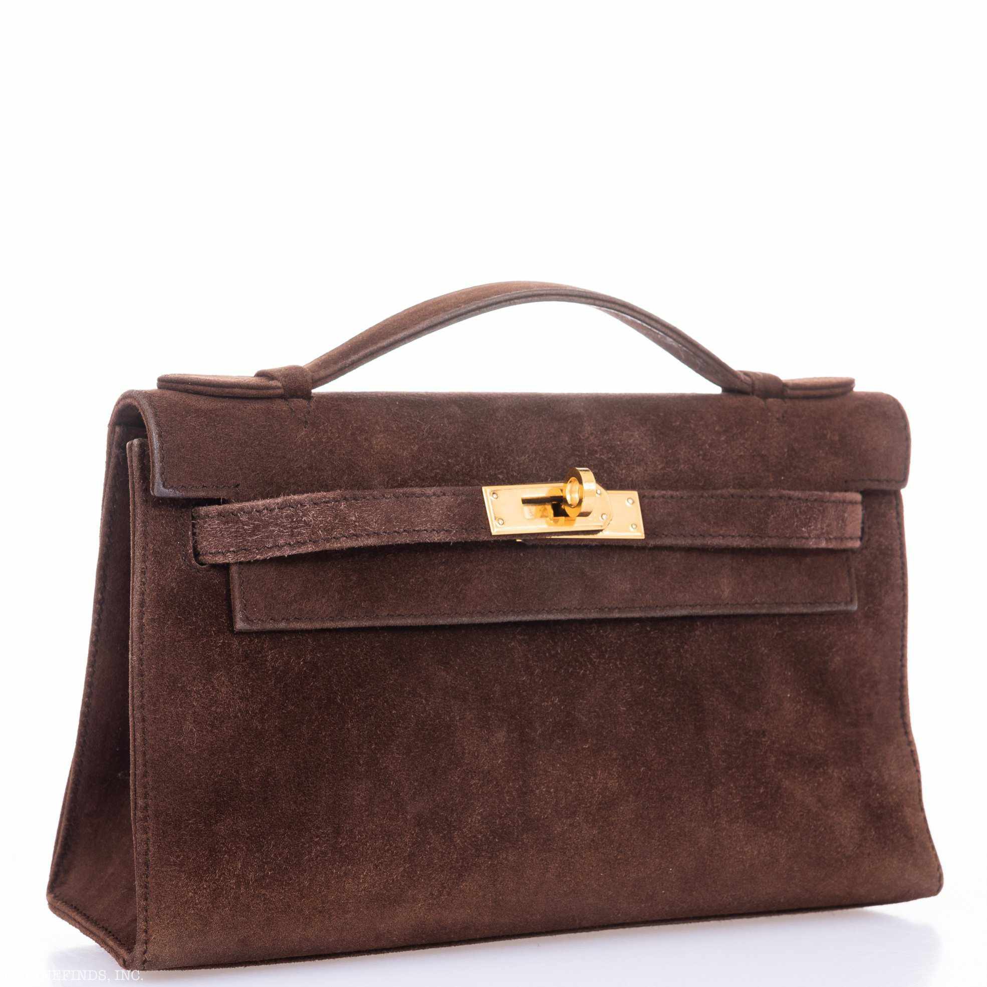 Hermès Kelly Pochette Chocolate Veau Doblis Suede Gold Hardware