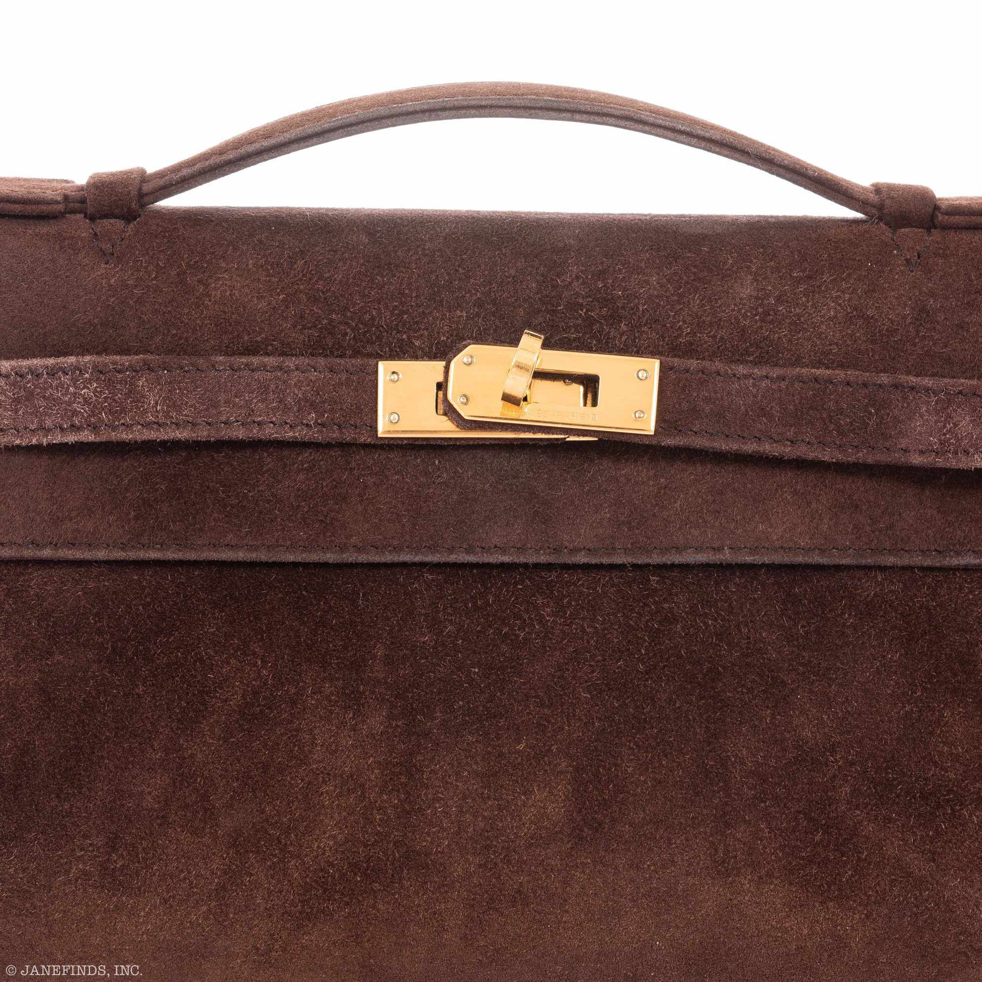 Hermès Kelly Pochette Chocolate Veau Doblis Suede Gold Hardware