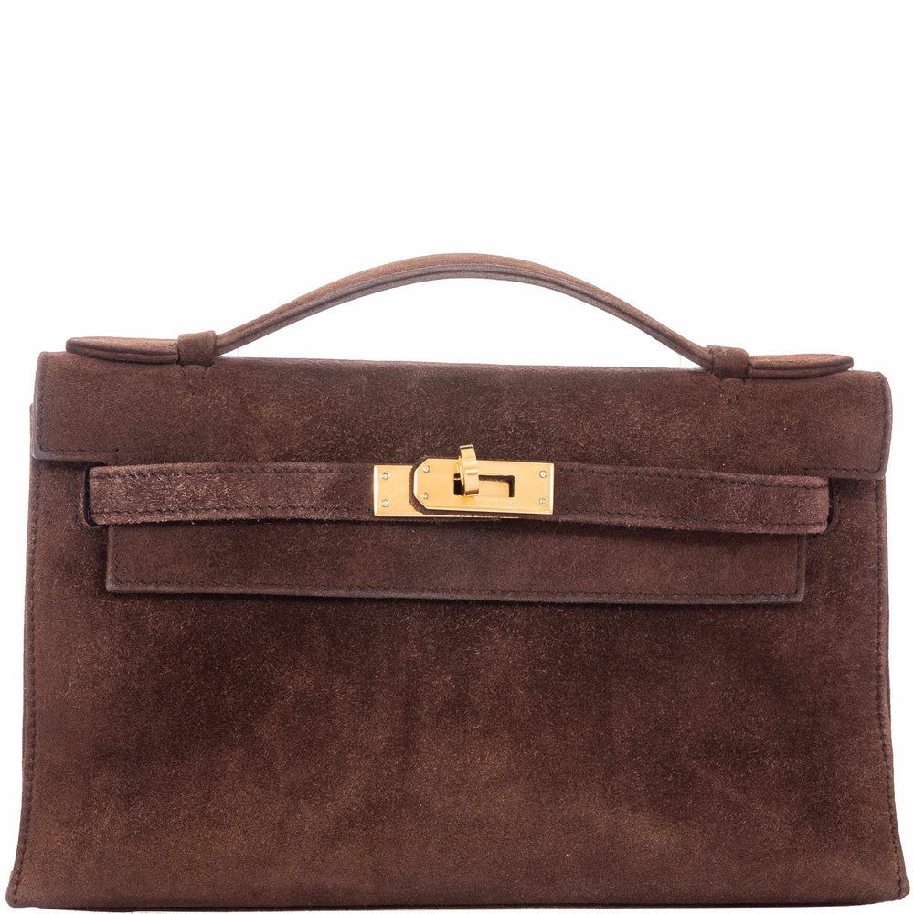 Hermès Kelly Pochette Chocolate Veau Doblis Suede Gold Hardware