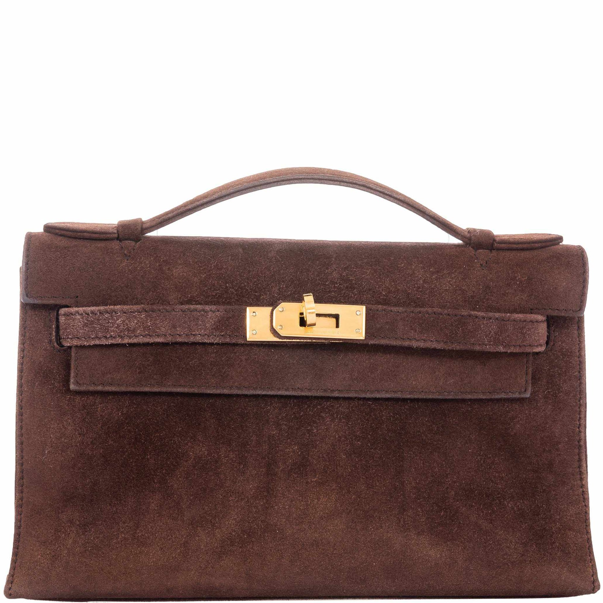 Hermès Kelly Pochette Chocolate Veau Doblis Suede Gold Hardware