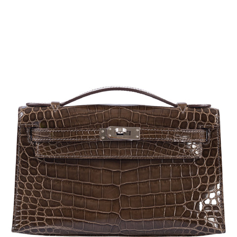 Hermès Kelly Pochette Gris Elephant Shiny Nilo Crocodile Palladium Hardware