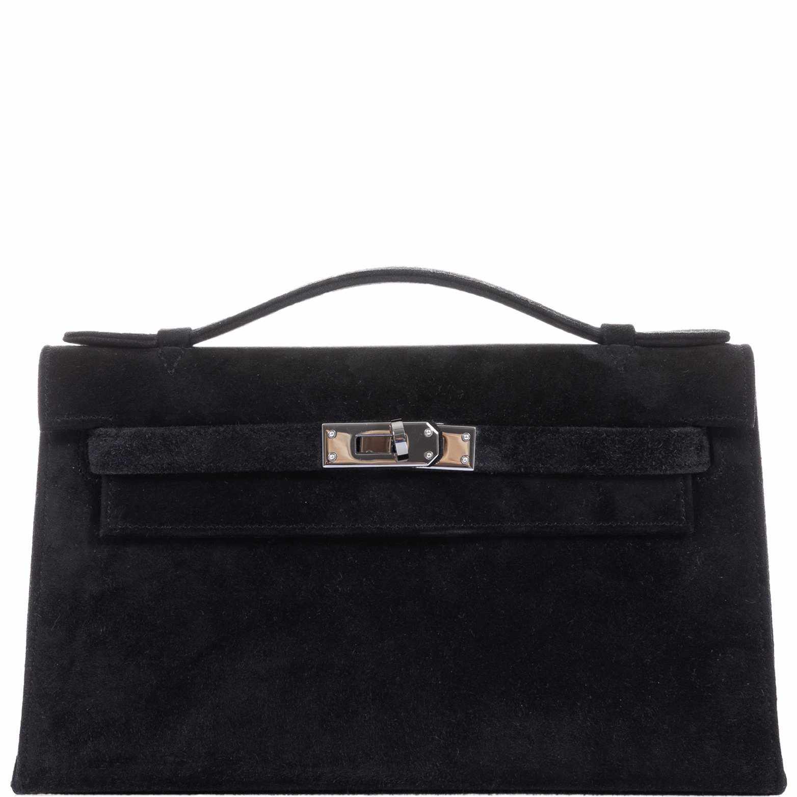 Hermès Kelly Pochette Noir Veau Doblis Suede Palladium Hardware