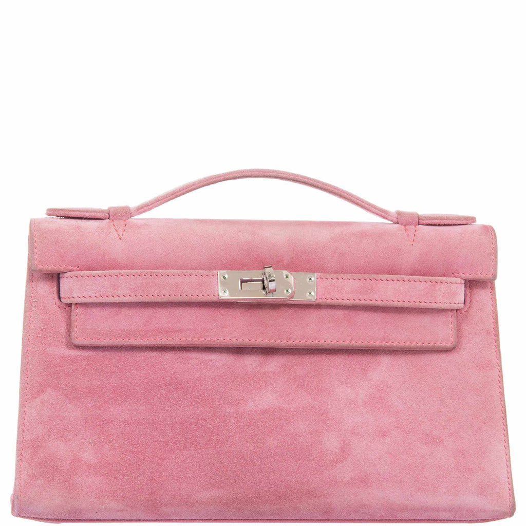 Hermès Kelly Pochette Pink Veau Doblis Suede with Palladium Hardware