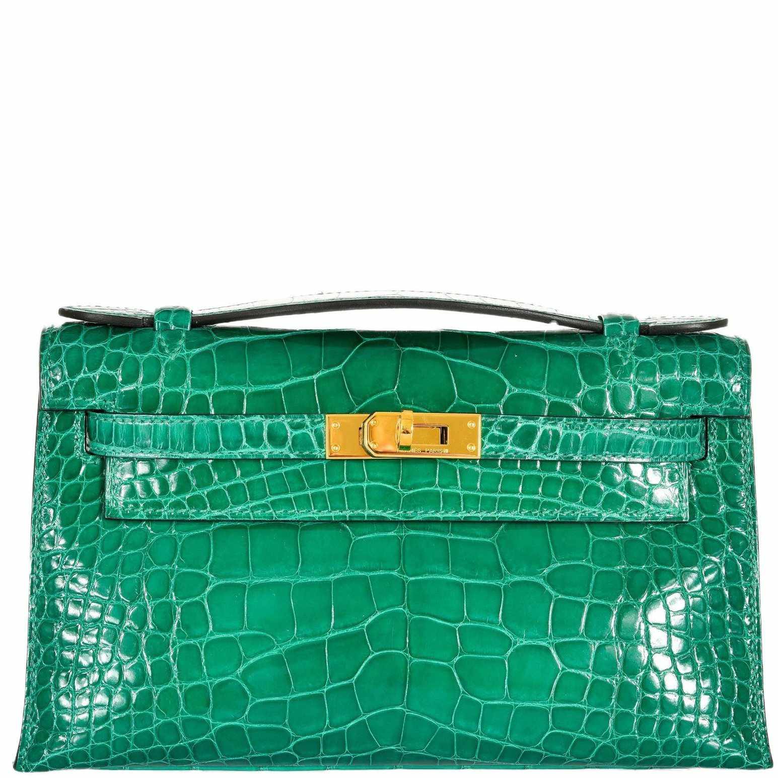 Hermès Kelly Pochette Vert Jade Alligator Clutch Gold Hardware