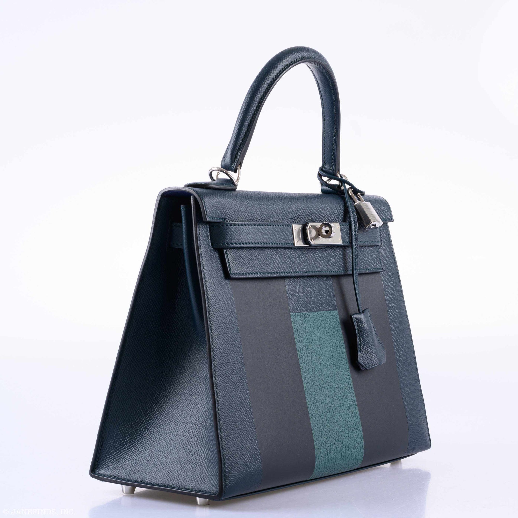 Hermès Kellygraphie 28 Sellier 'H' Lettre Vert Cypres Epsom Blue Obscur Sombrero Malachite Clemence Palladium Hardware