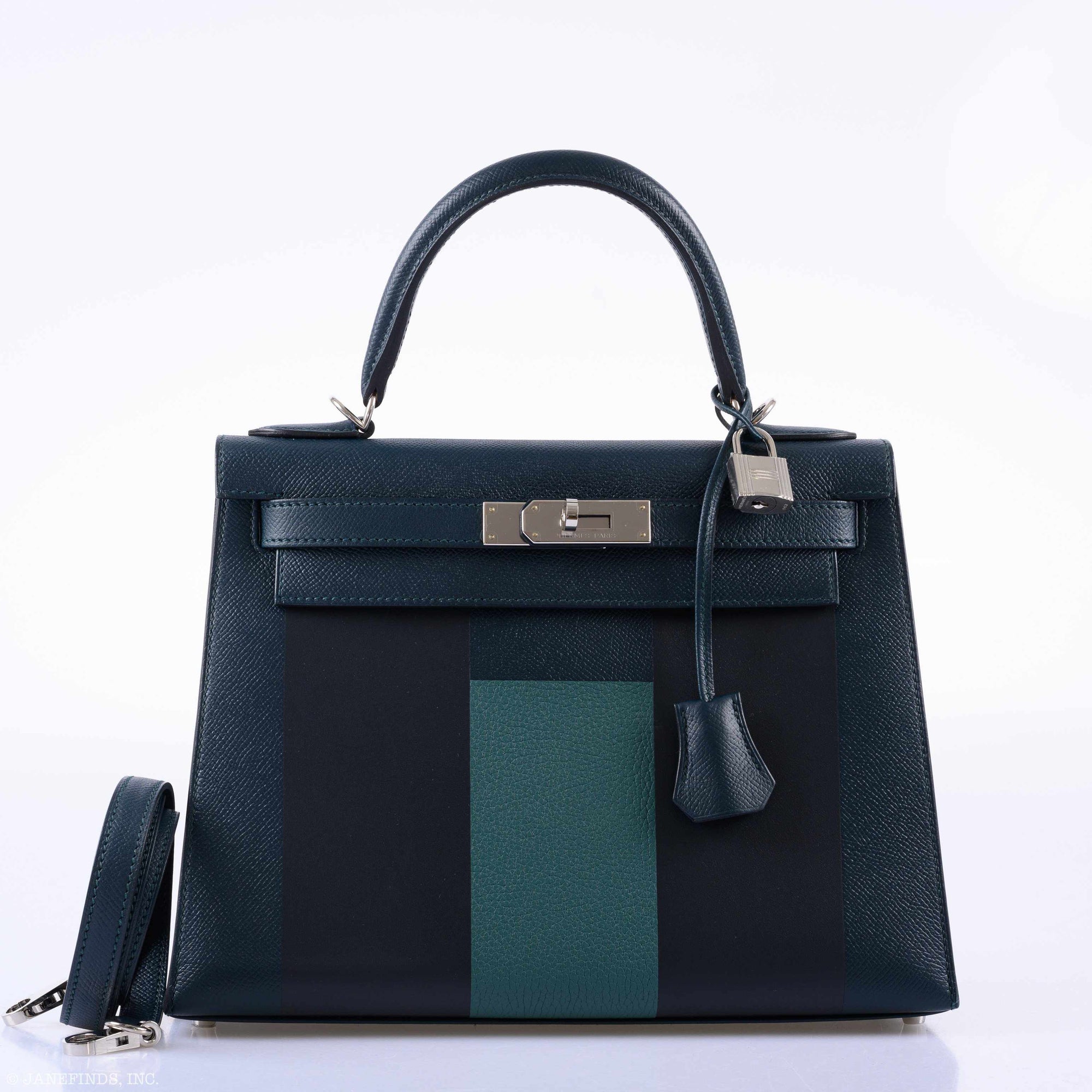Hermès Kellygraphie 28 Sellier 'H' Lettre Vert Cypres Epsom Blue Obscur Sombrero Malachite Clemence Palladium Hardware