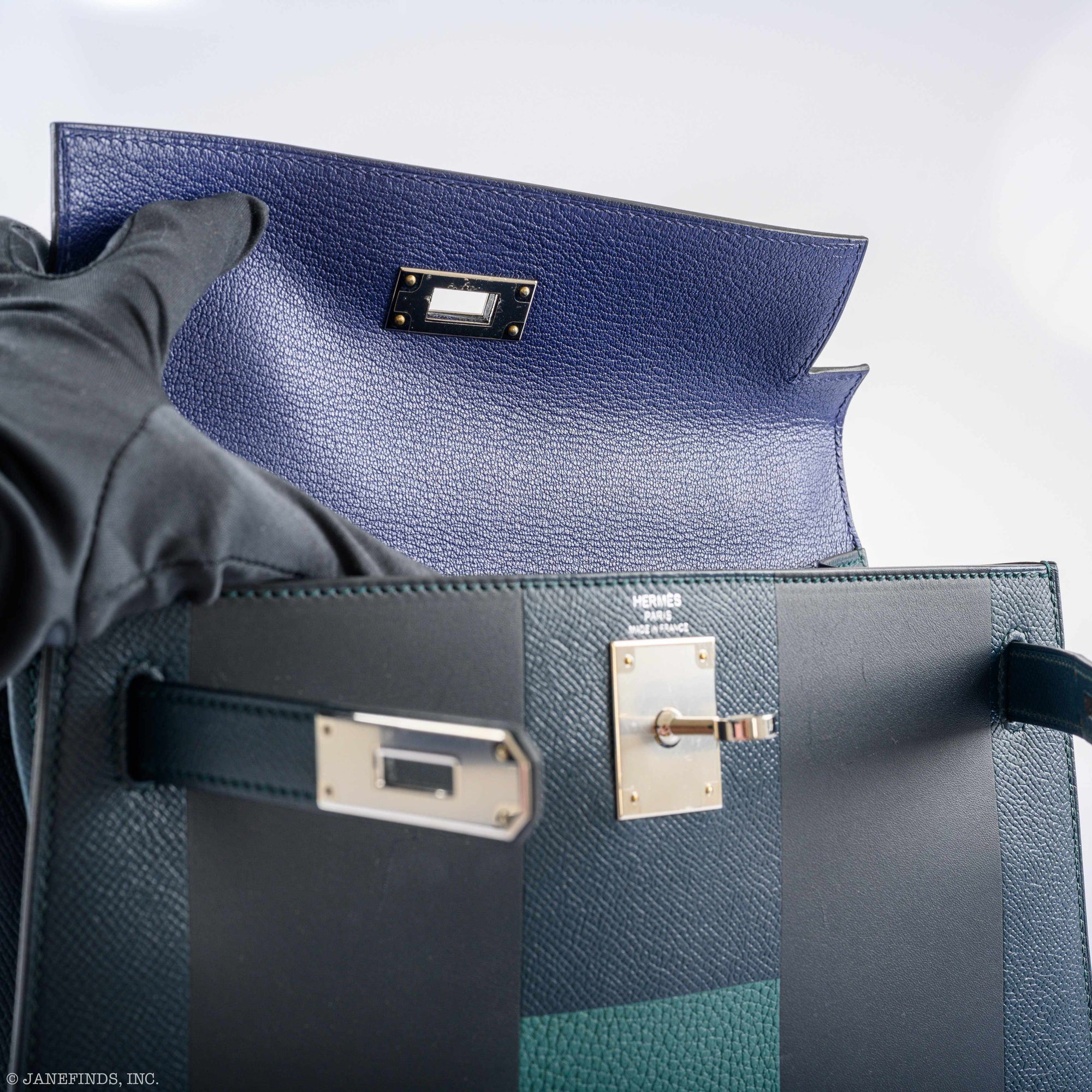 Hermès Kellygraphie 28 Sellier 'H' Lettre Vert Cypres Epsom Blue Obscur Sombrero Malachite Clemence Palladium Hardware